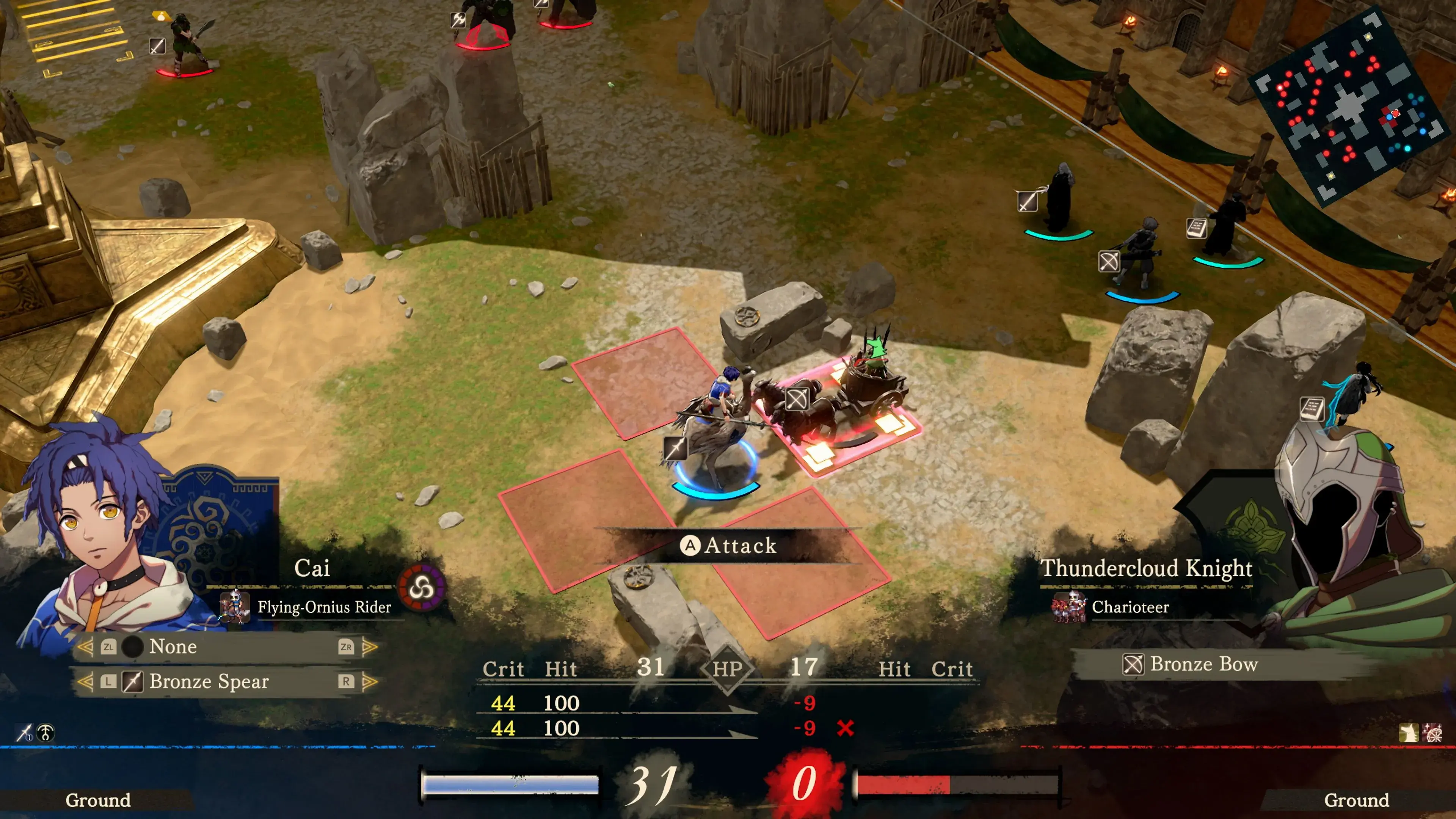 Cai rides a large bird while targeting a charioteer in an arena.