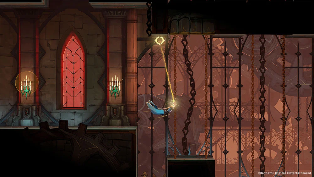 Rose Belmont swings across a gothic chamber using the Vampire Killer whip in Castlevania: Belmont’s Curse.