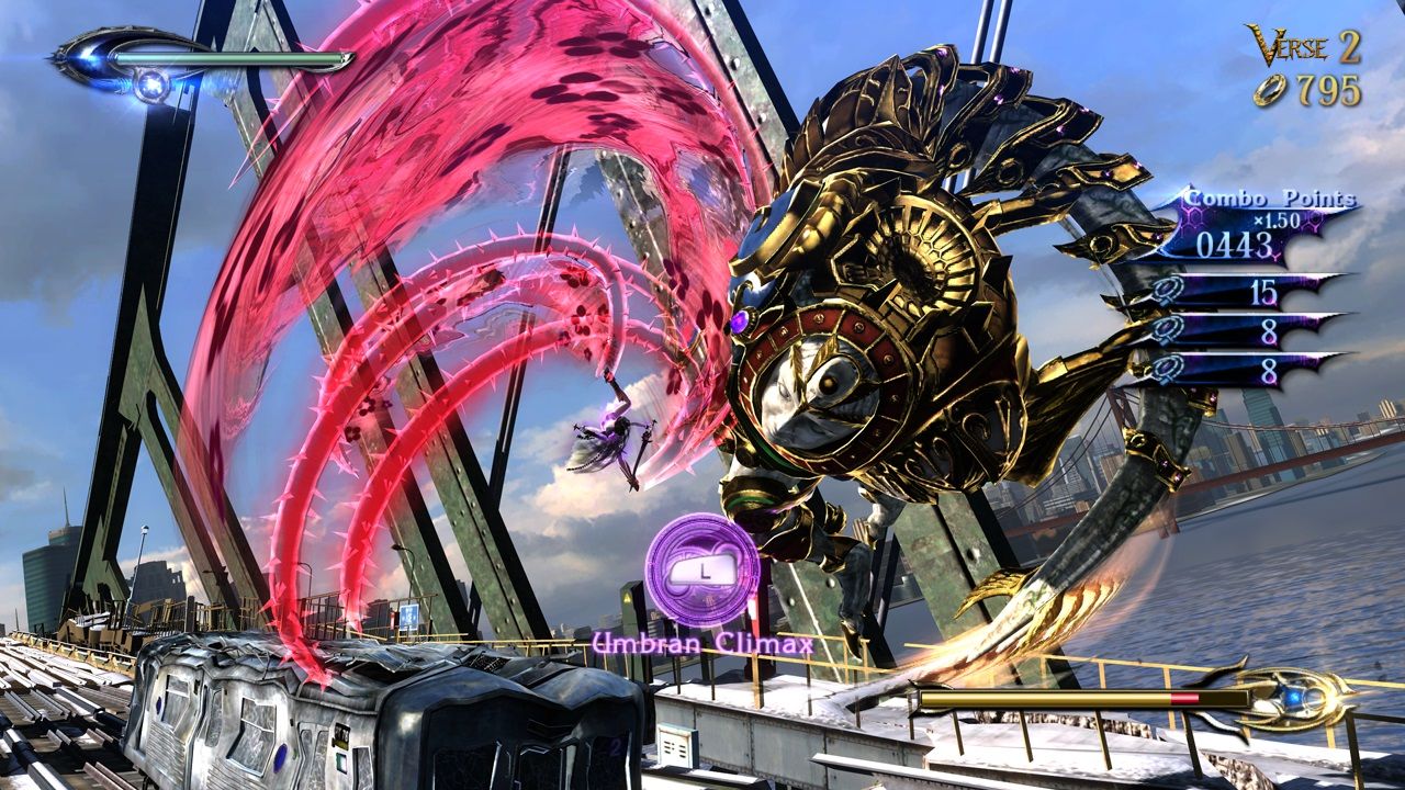 Bayonetta fights an enormous mechanical-looking enemy with a pink effect and HUD visible.