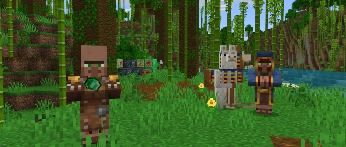 A Minecraft villager holding an emerald beside a wandering trader.