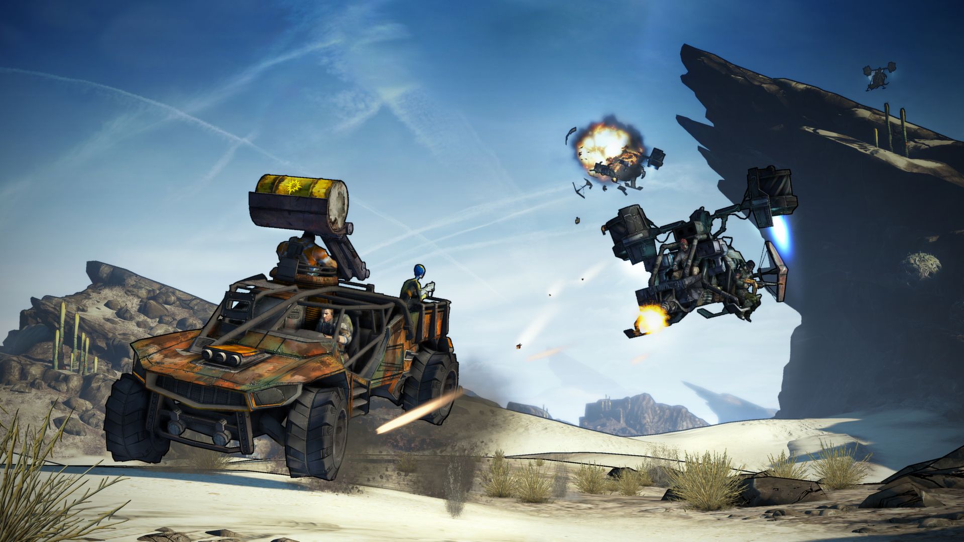 A four-wheeled vehicle with a roof gun drives beneath attacking aircraft in a desert.