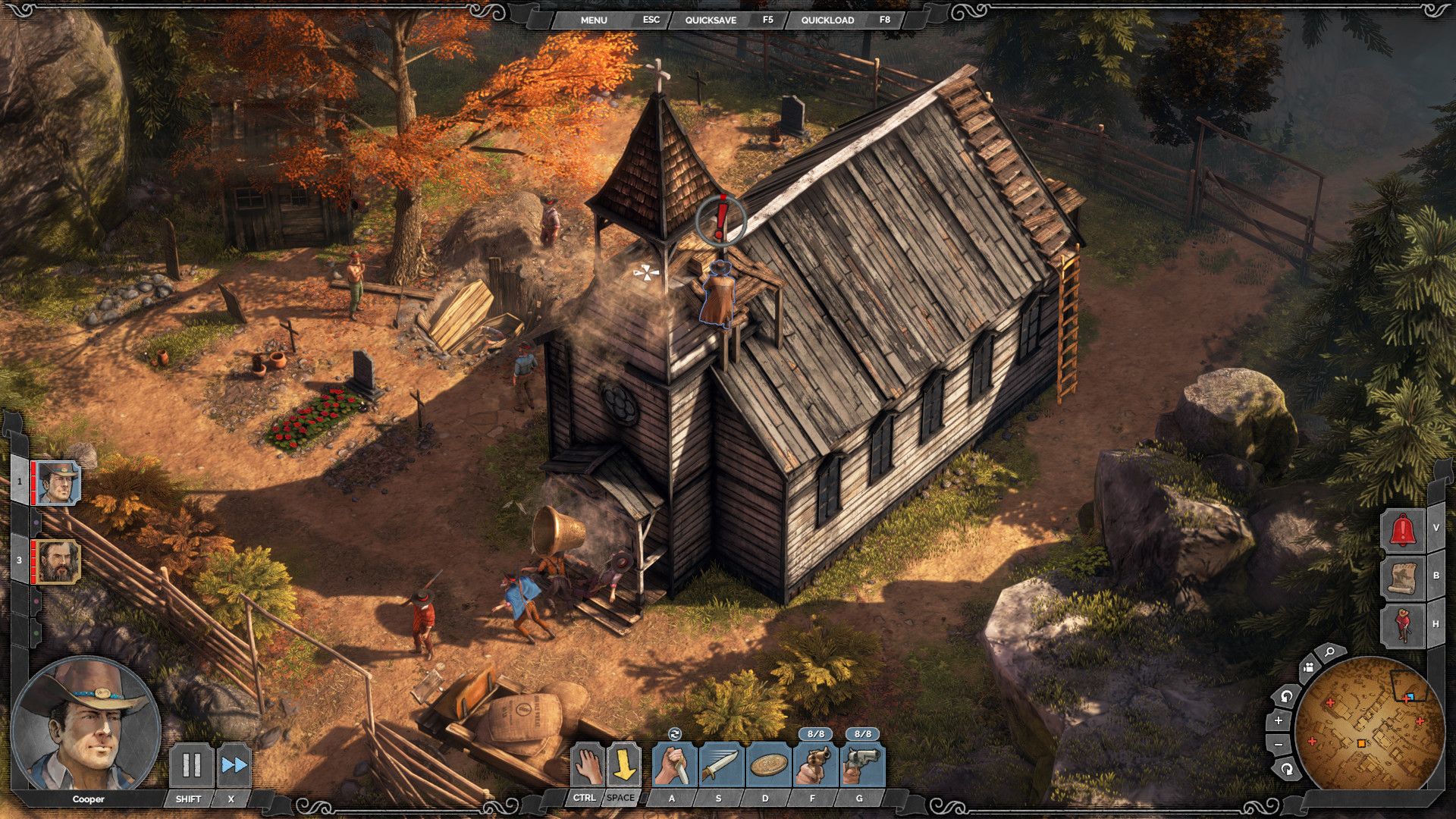 Character portraits and ability controls frame an autumn scene beside a wooden church, showing the tactical interface during a mission.