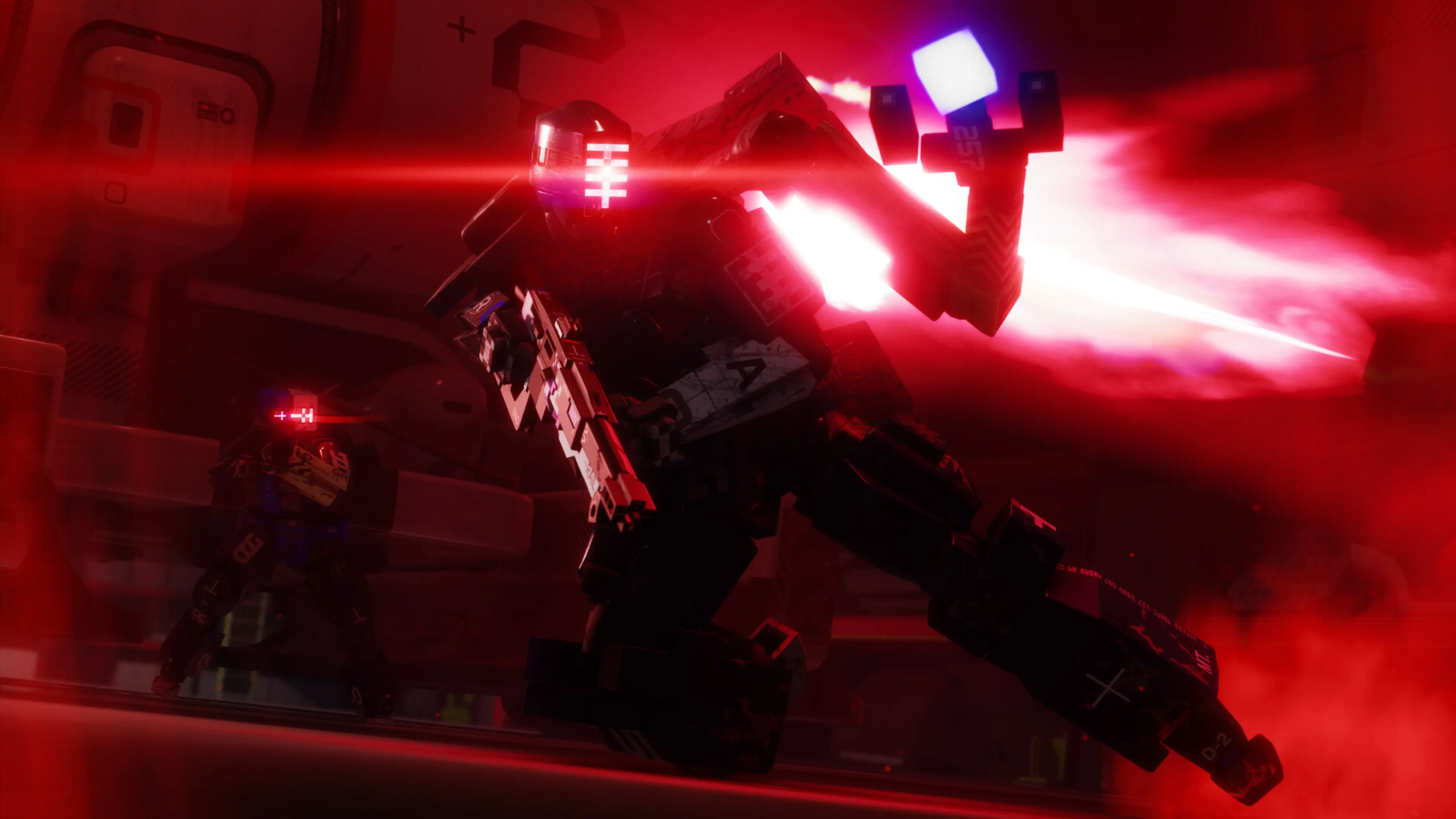 A large airborne UESC machine attacks a Marathon Runner inside a red-lit chamber.