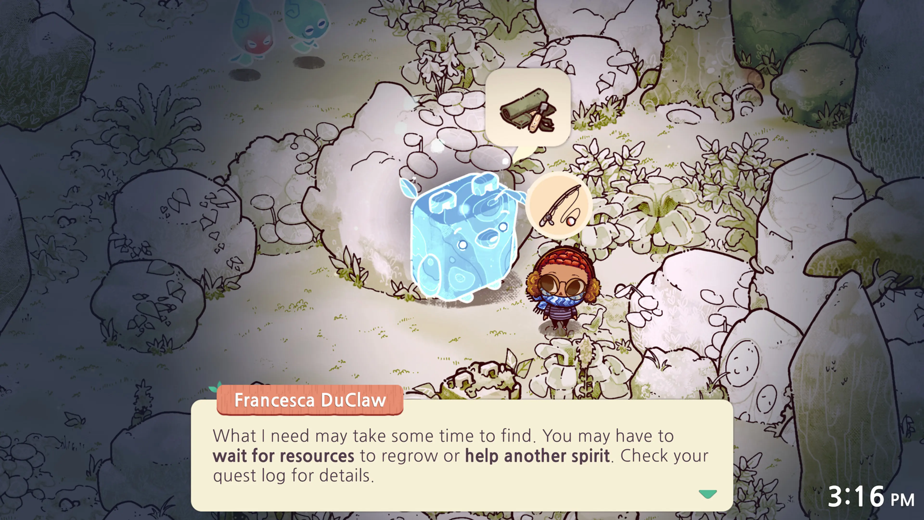 A Spirit Scout speaking with Francesca DuClaw in Cozy Grove.