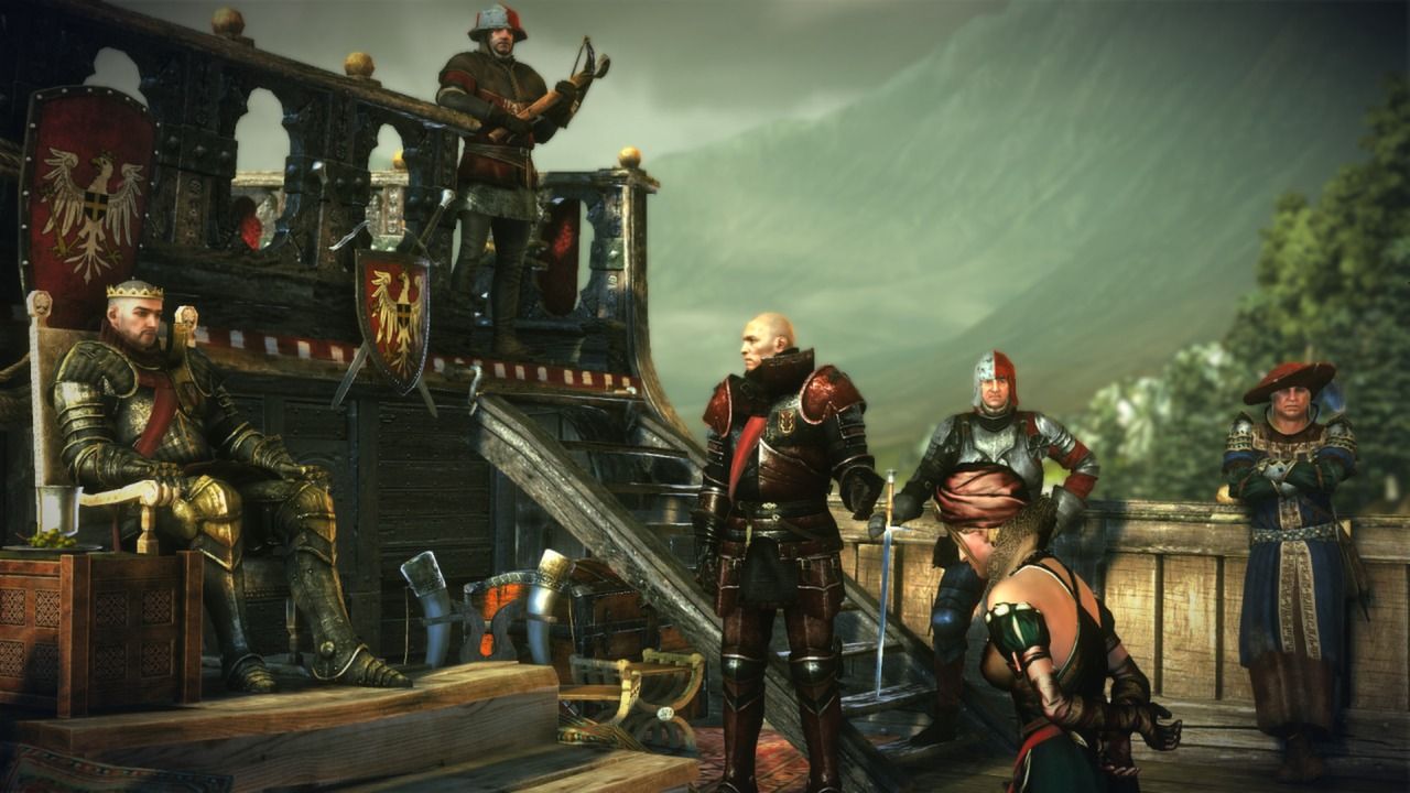Characters and guards gather around a ruler on a raised outdoor platform in Enhanced Edition.