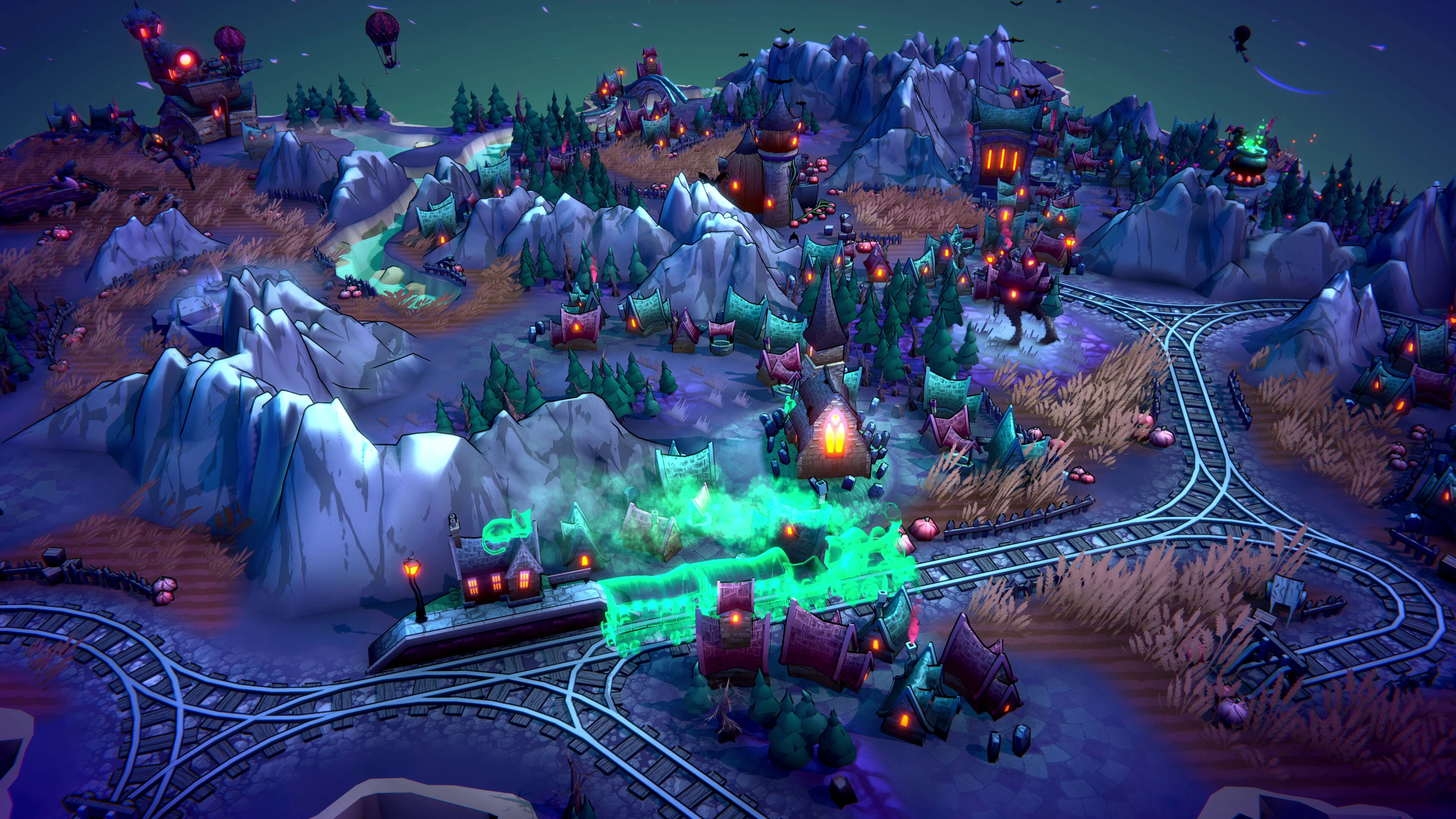A glowing ghost train crosses a colorful spooky kingdom in Fangtopia.
