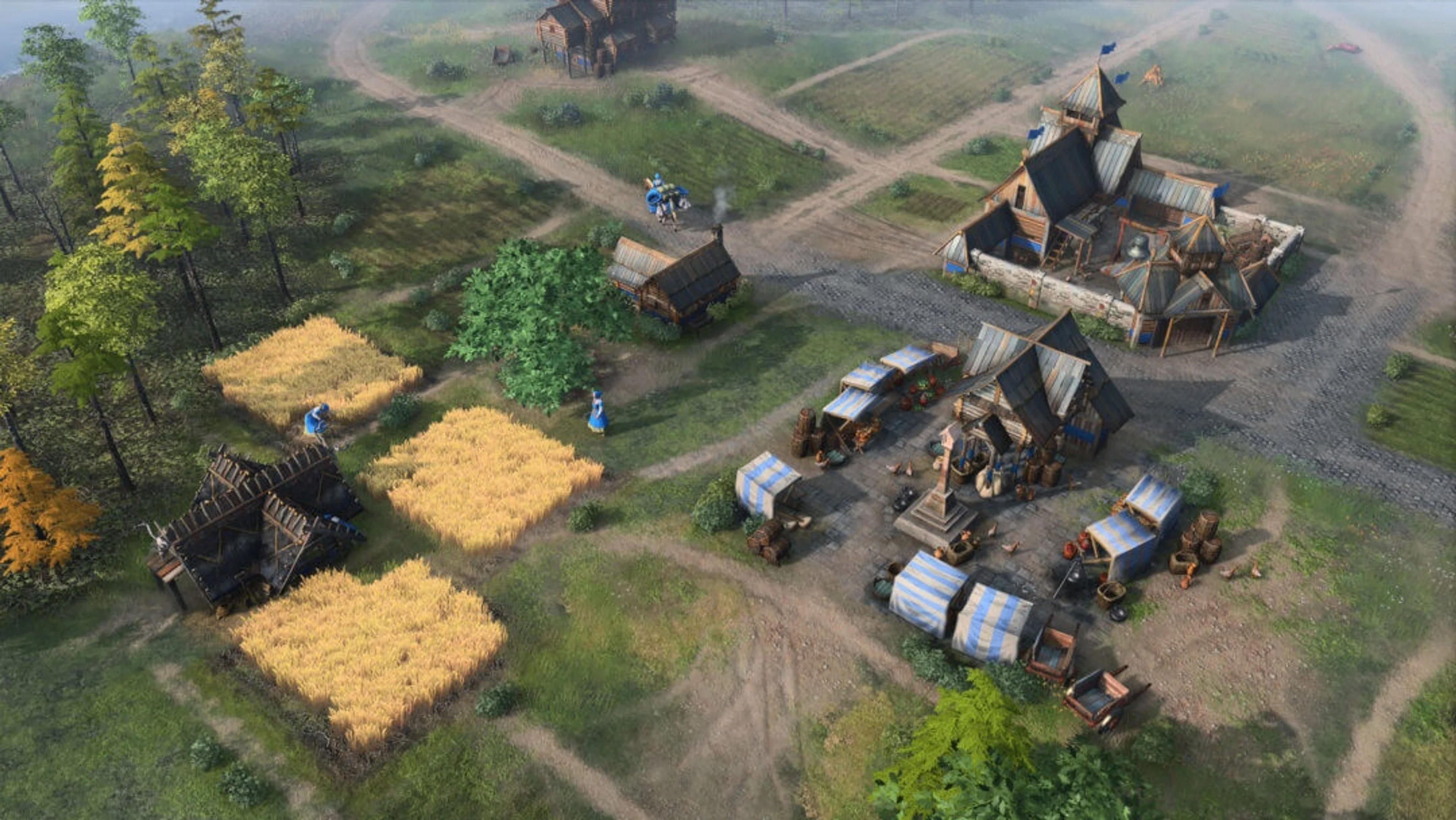 The yellow rectangular plots are farms around the settlement. Unlike a sheep flock, a farm layout takes building space and wood investment, so begin the transition while your other food sources still have supplies.