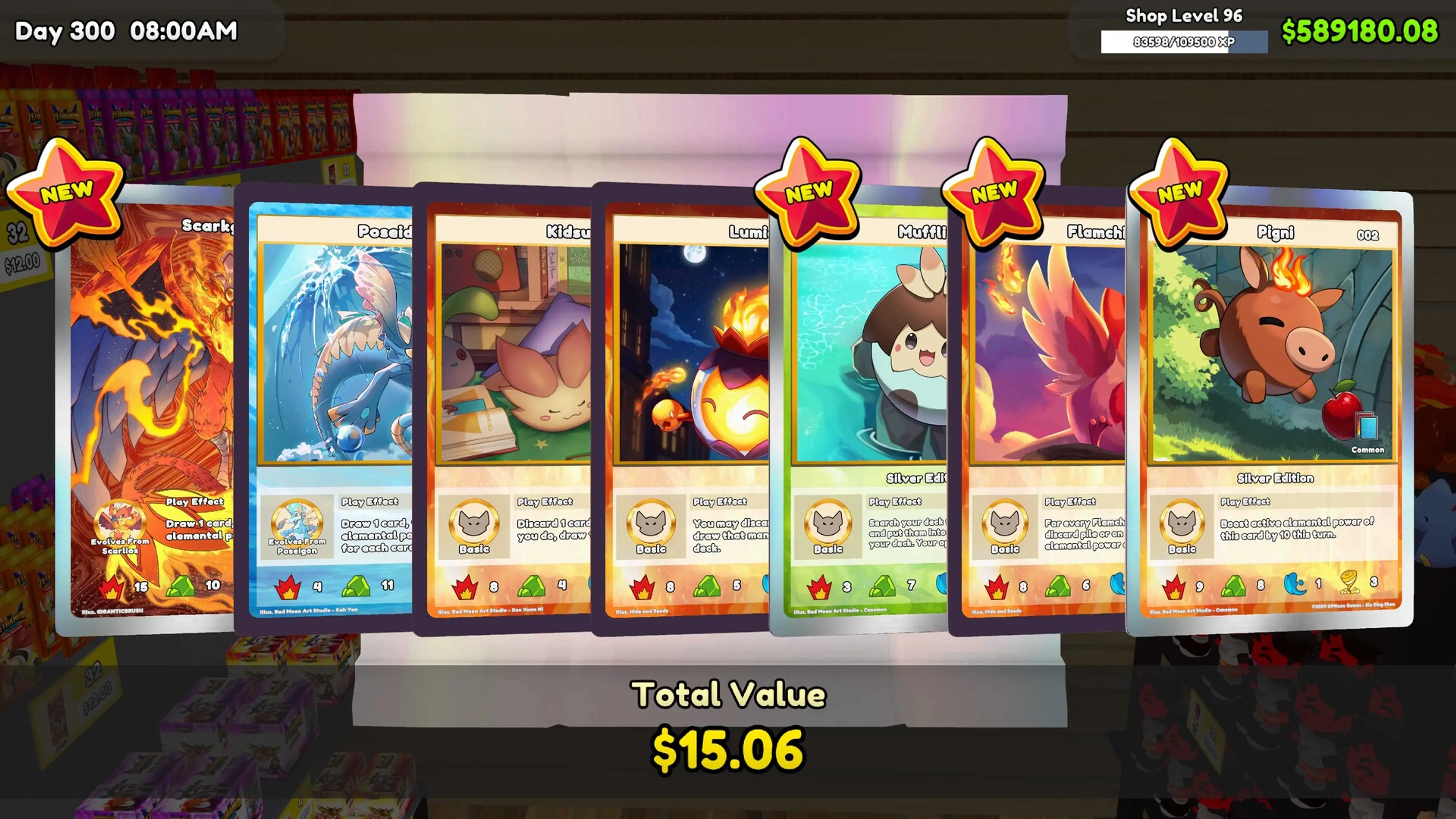 Cards revealed from a booster pack in TCG Card Shop Simulator.