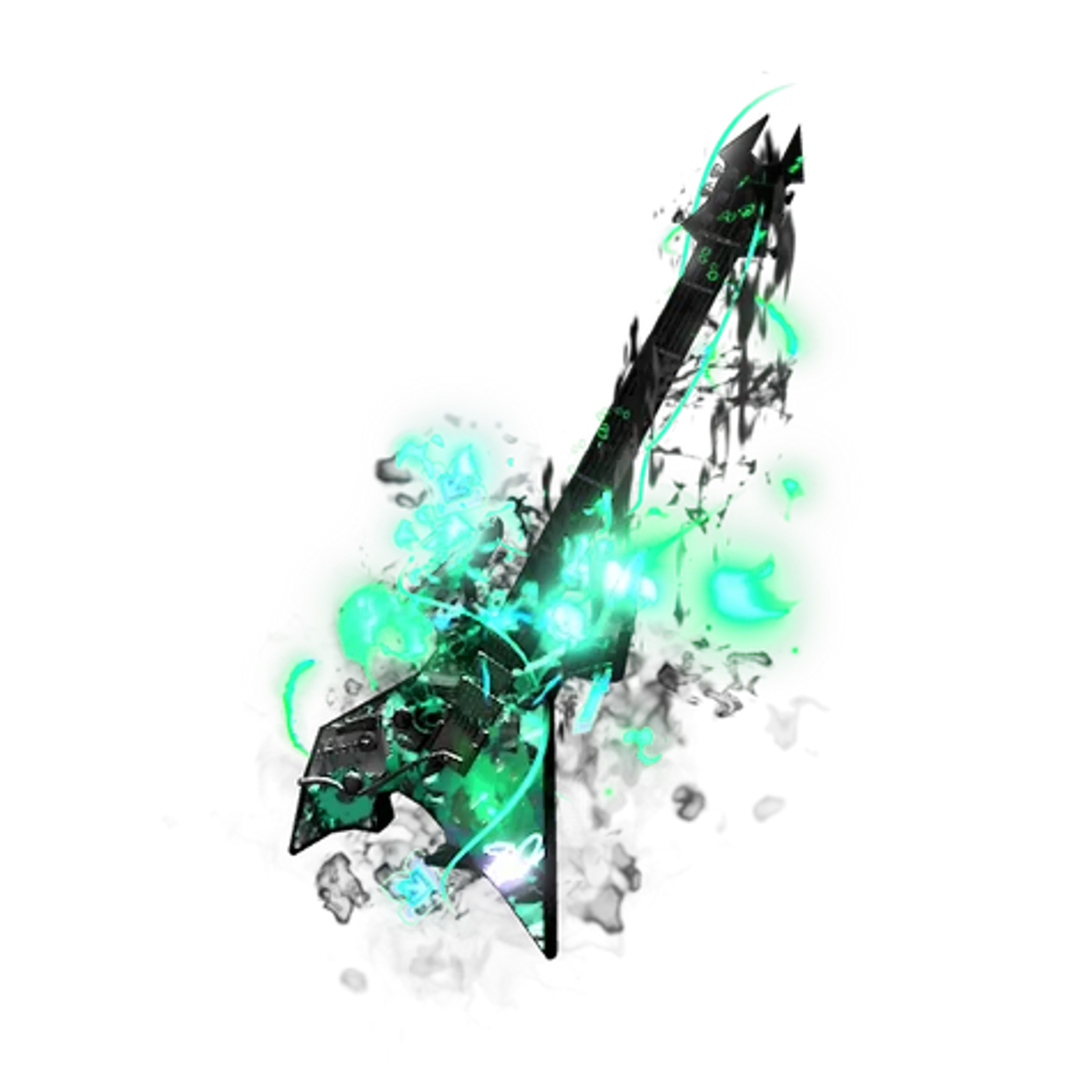 Noiseform fishing rod with a dark frame, turquoise line, and glowing green spectral effects.