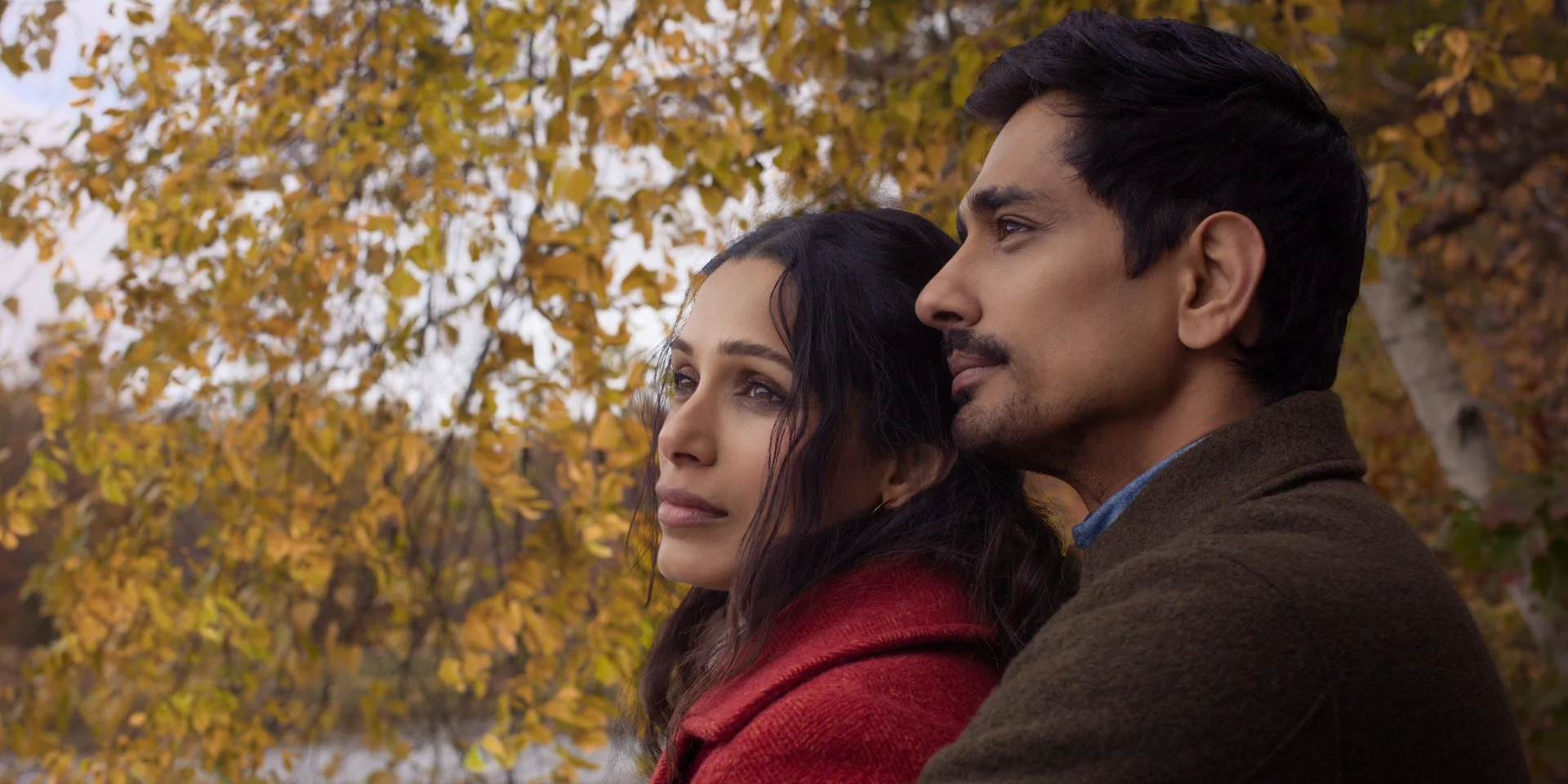 Freida Pinto and Siddharth stand close together beneath autumn leaves in Unaccustomed Earth.