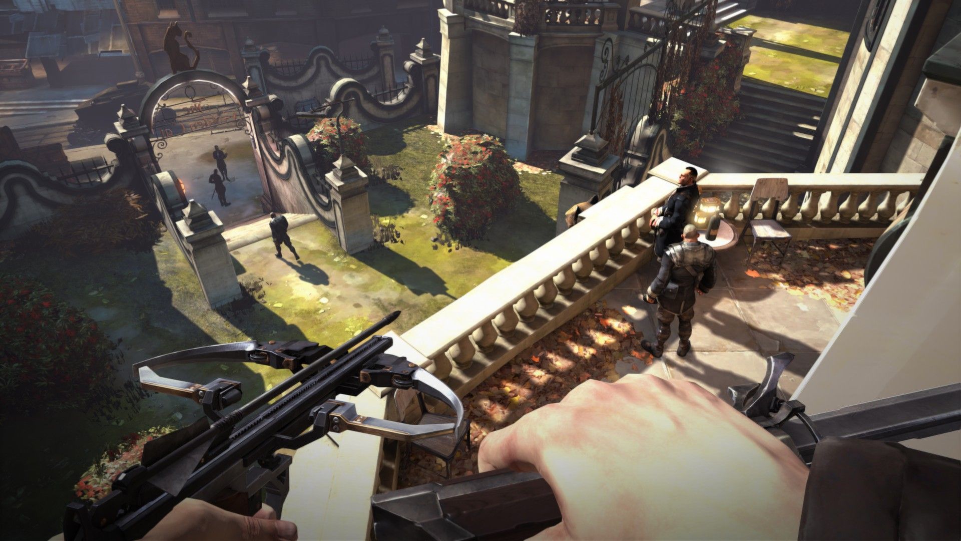 Corvo aims a crossbow from above while guards stand in a courtyard below.