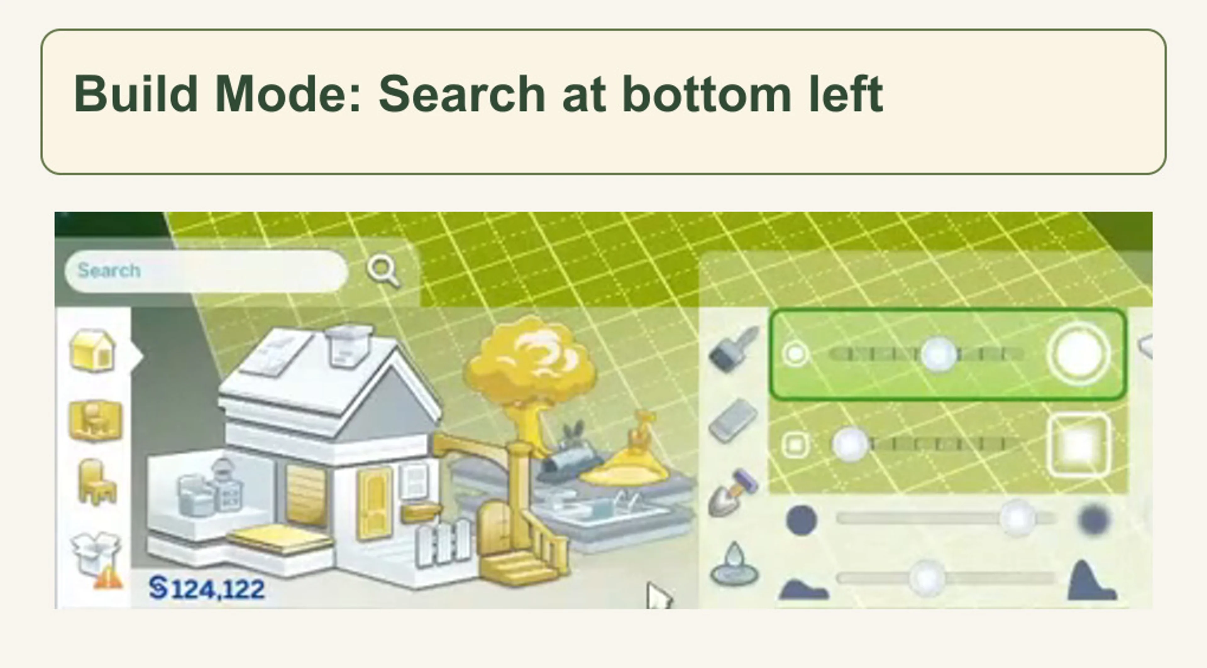 Official Build Mode detail shows the lower catalog Search field and magnifying glass at the left.