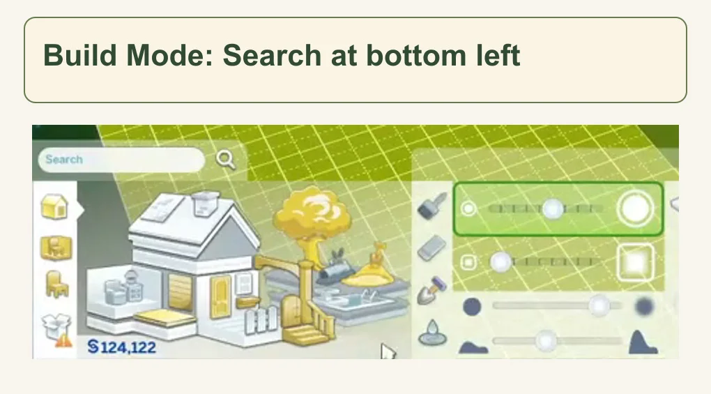 Official Build Mode detail shows the lower catalog Search field and magnifying glass at the left.