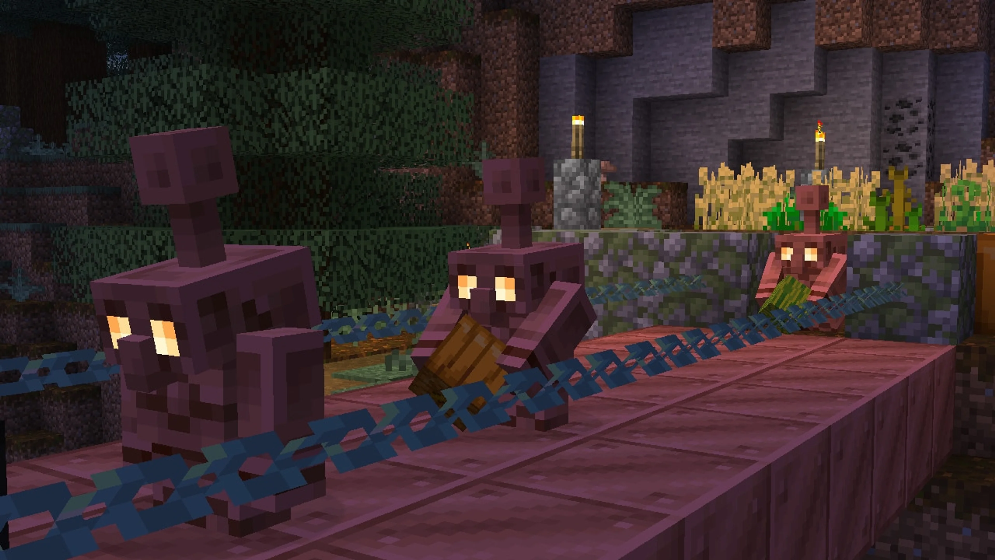 Three copper golems carrying items across a copper bridge in Minecraft.