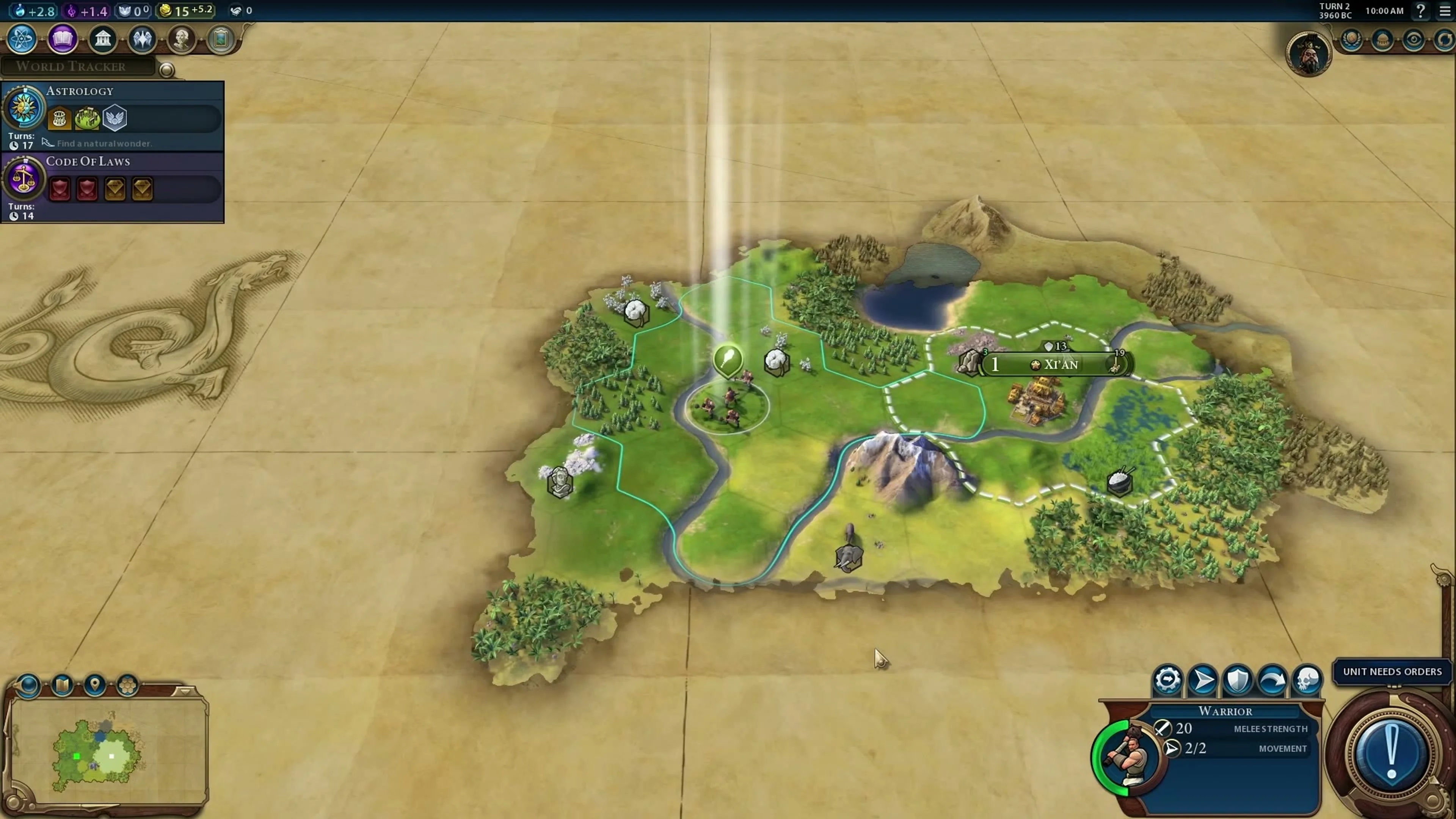 Selected Warrior west of a city with movement two of two and a map edge covered in parchment.