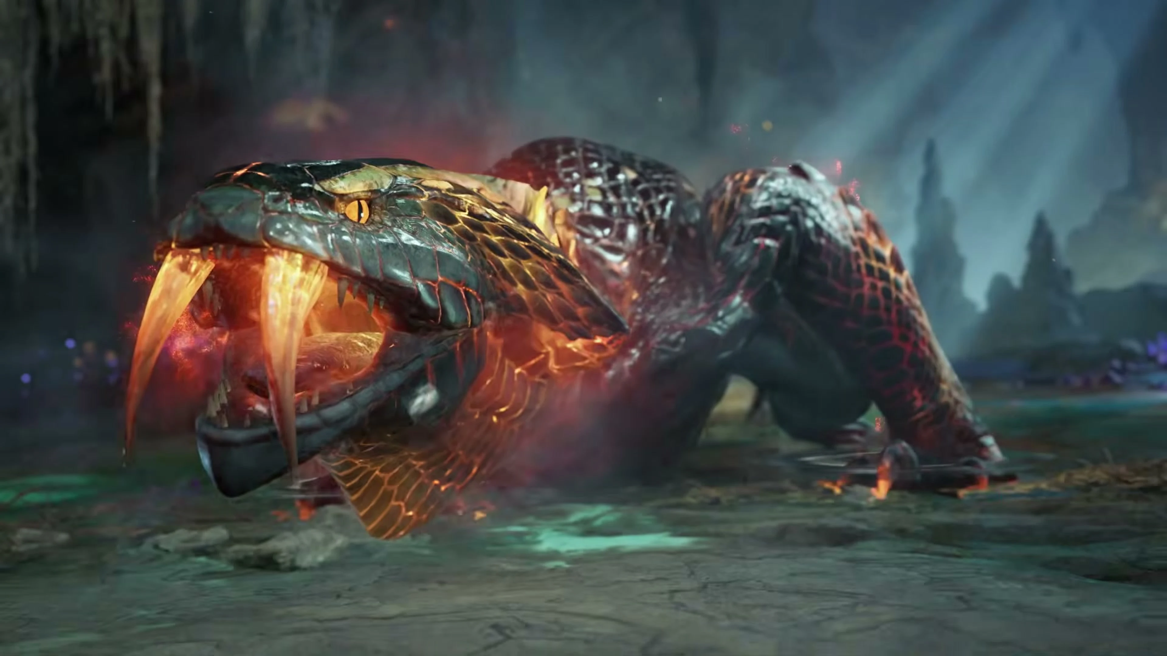 A large armored monster with glowing fangs roars in Monster Hunter Outlanders.