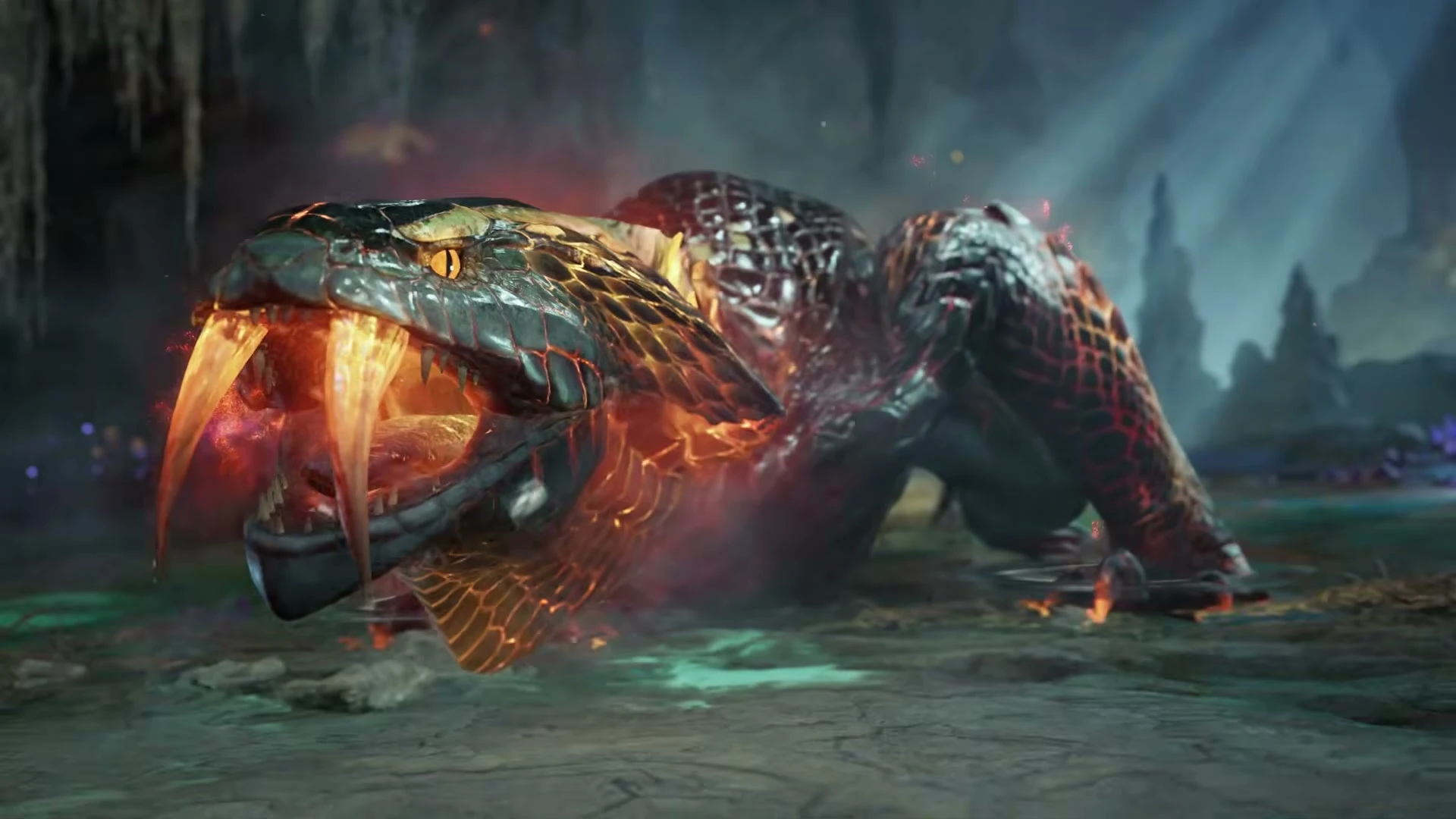 A large armored monster with glowing fangs roars in Monster Hunter Outlanders.