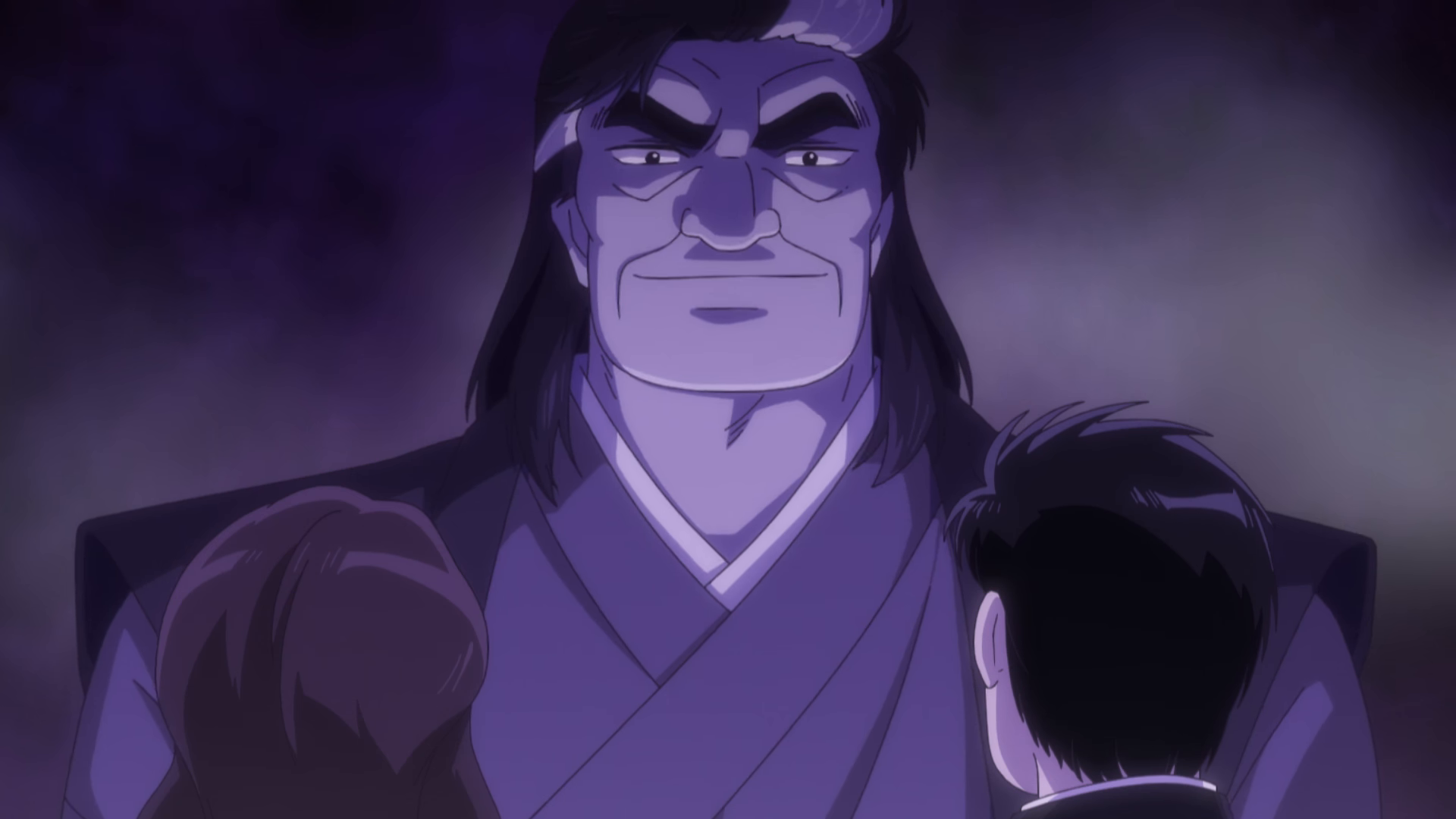 Yuzan Kaibara looms above Shiro Yamaoka and Yuko Kurita in Shin Oishinbo.