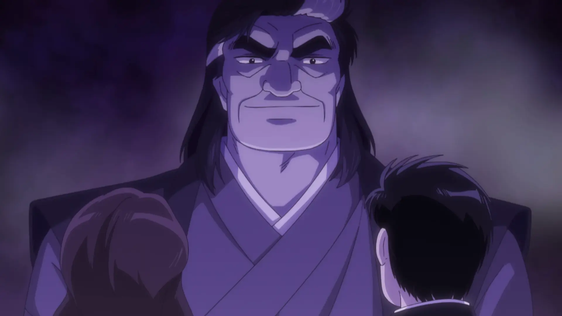 Yuzan Kaibara looms above Shiro Yamaoka and Yuko Kurita in Shin Oishinbo.
