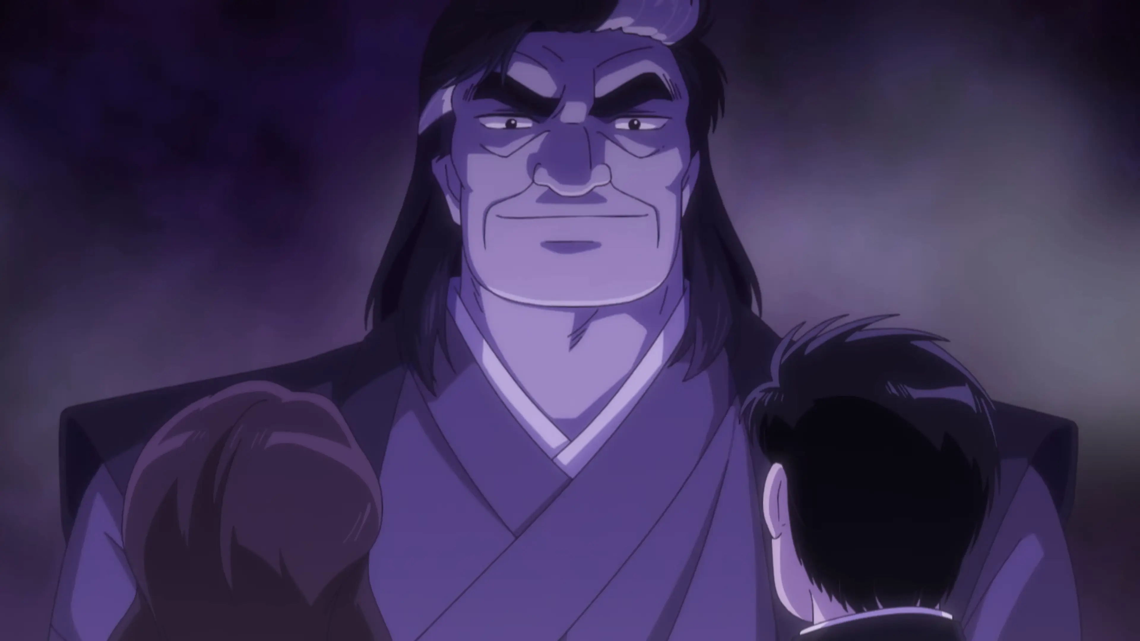 Yuzan Kaibara looms above Shiro Yamaoka and Yuko Kurita in Shin Oishinbo.
