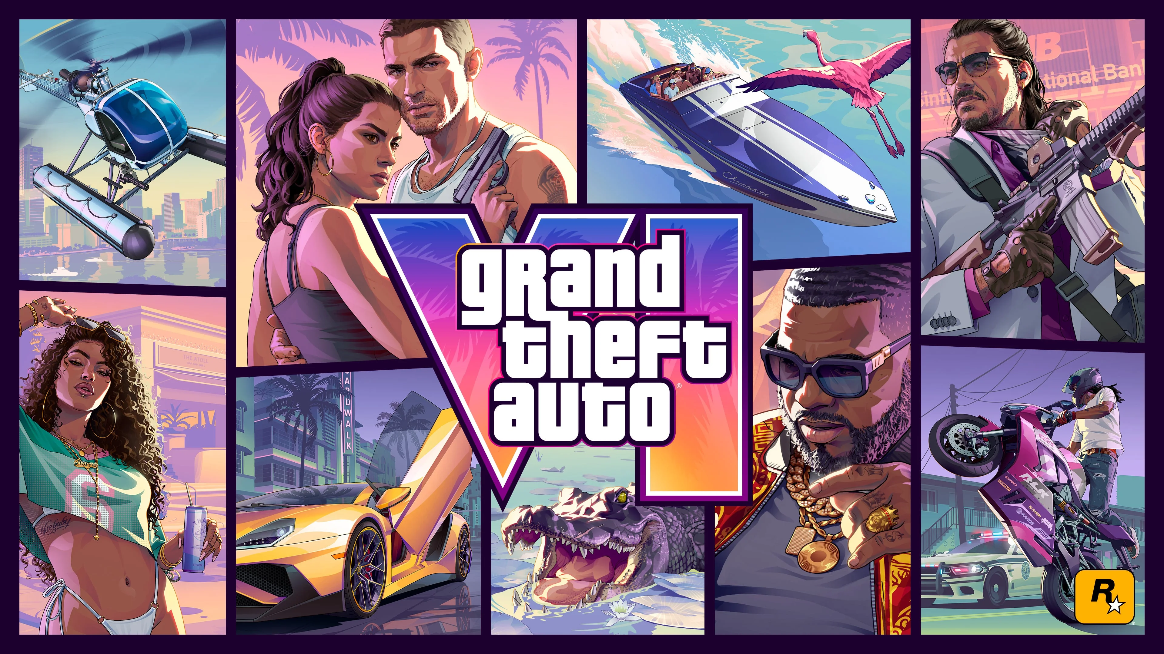 Lucia and Jason sit on a car in official Grand Theft Auto VI artwork.