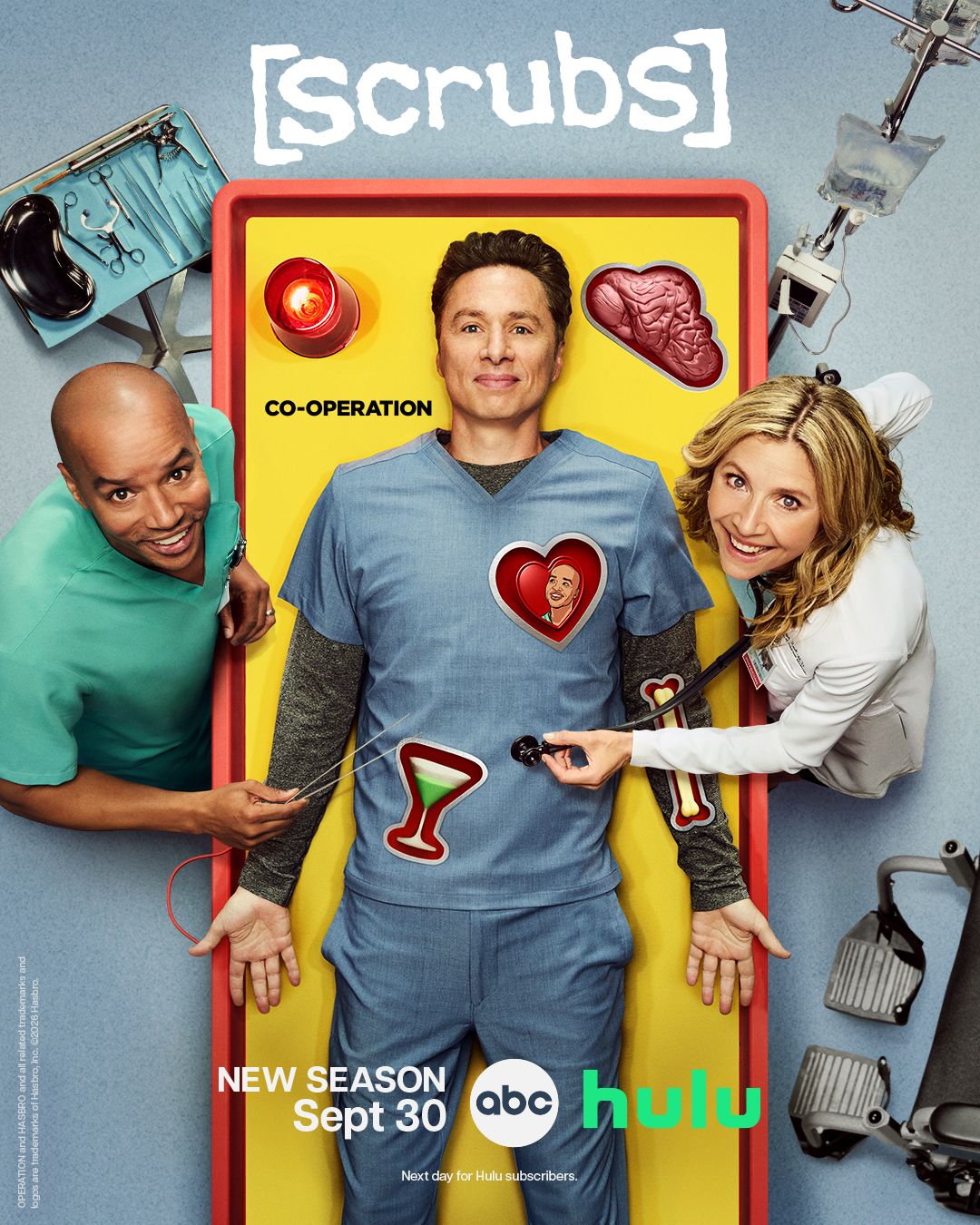 Official Scrubs Season 2 poster shows J.D. with Turk and Elliot at Sacred Heart.