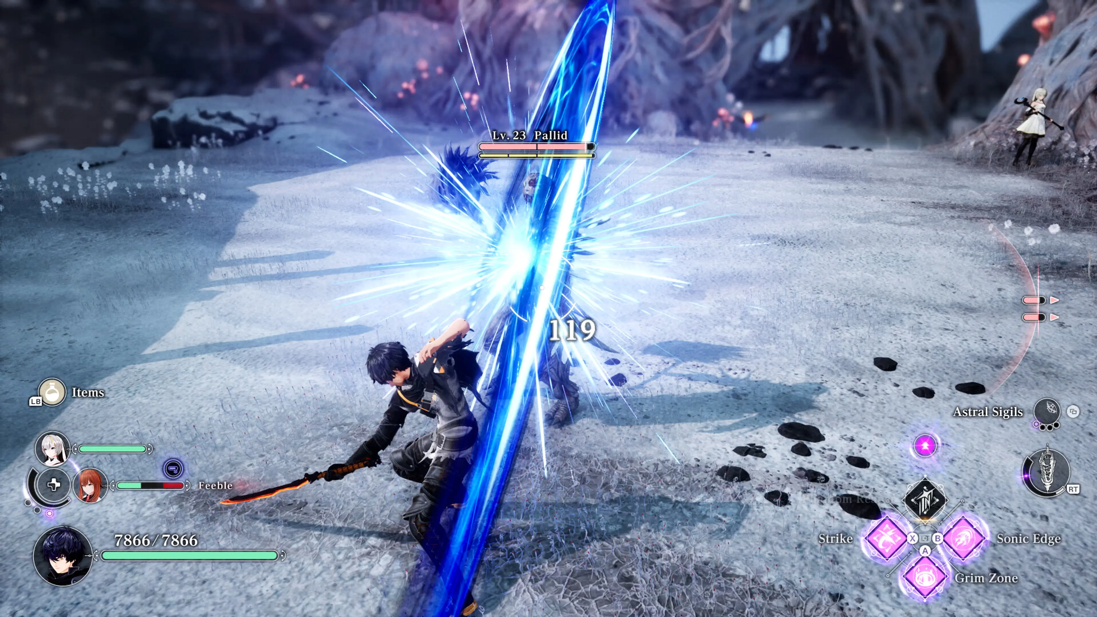 Asch strikes an enemy with a glowing blade while his party fights nearby in Rev. NOiR.
