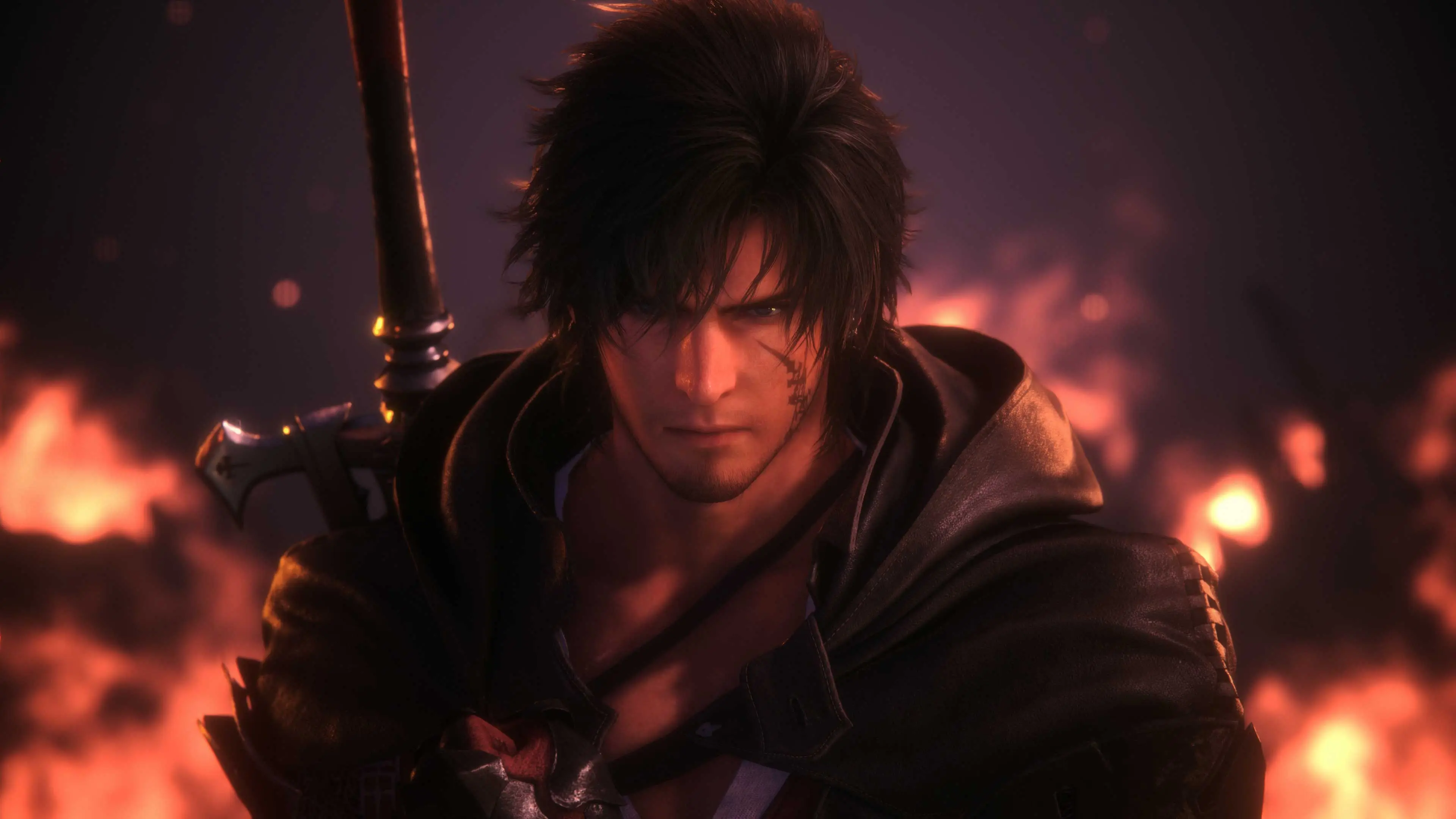 Clive Rosfield stares forward in a fiery official Final Fantasy XVI image.