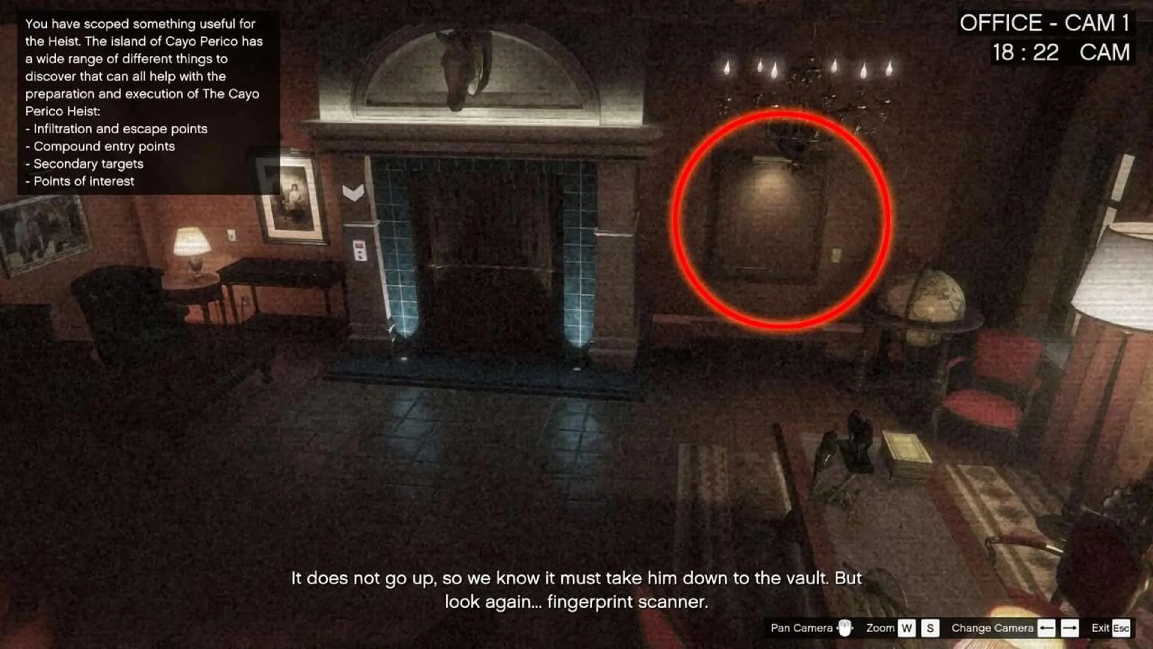 El Rubio office security camera view with a painting beside an archway circled in red.