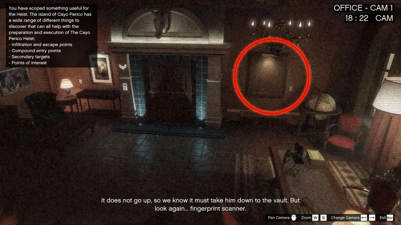 El Rubio office security camera view with a painting beside an archway circled in red.