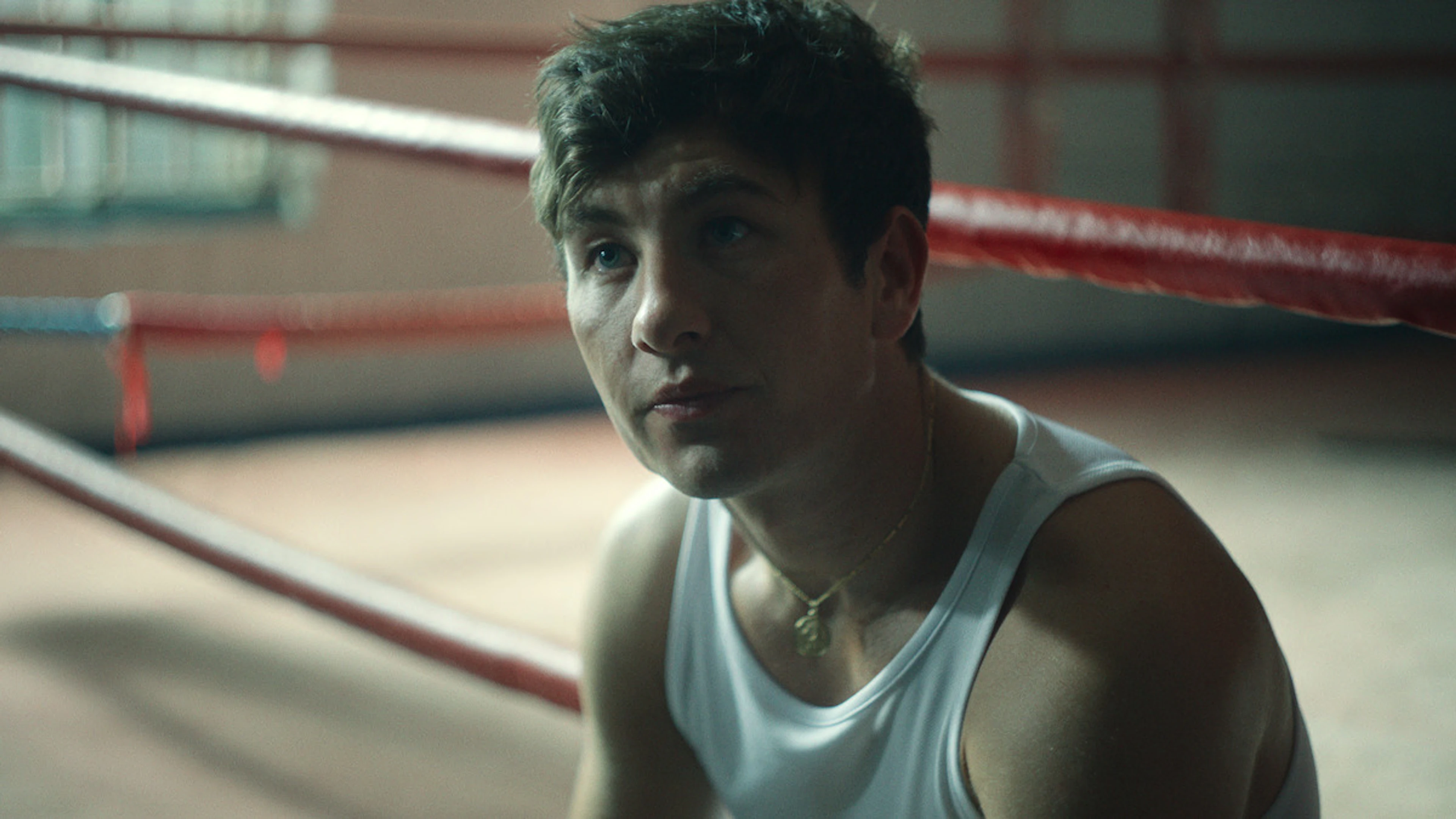 Barry Keoghan as Jonny McGee sits inside a boxing ring in Top Boy.