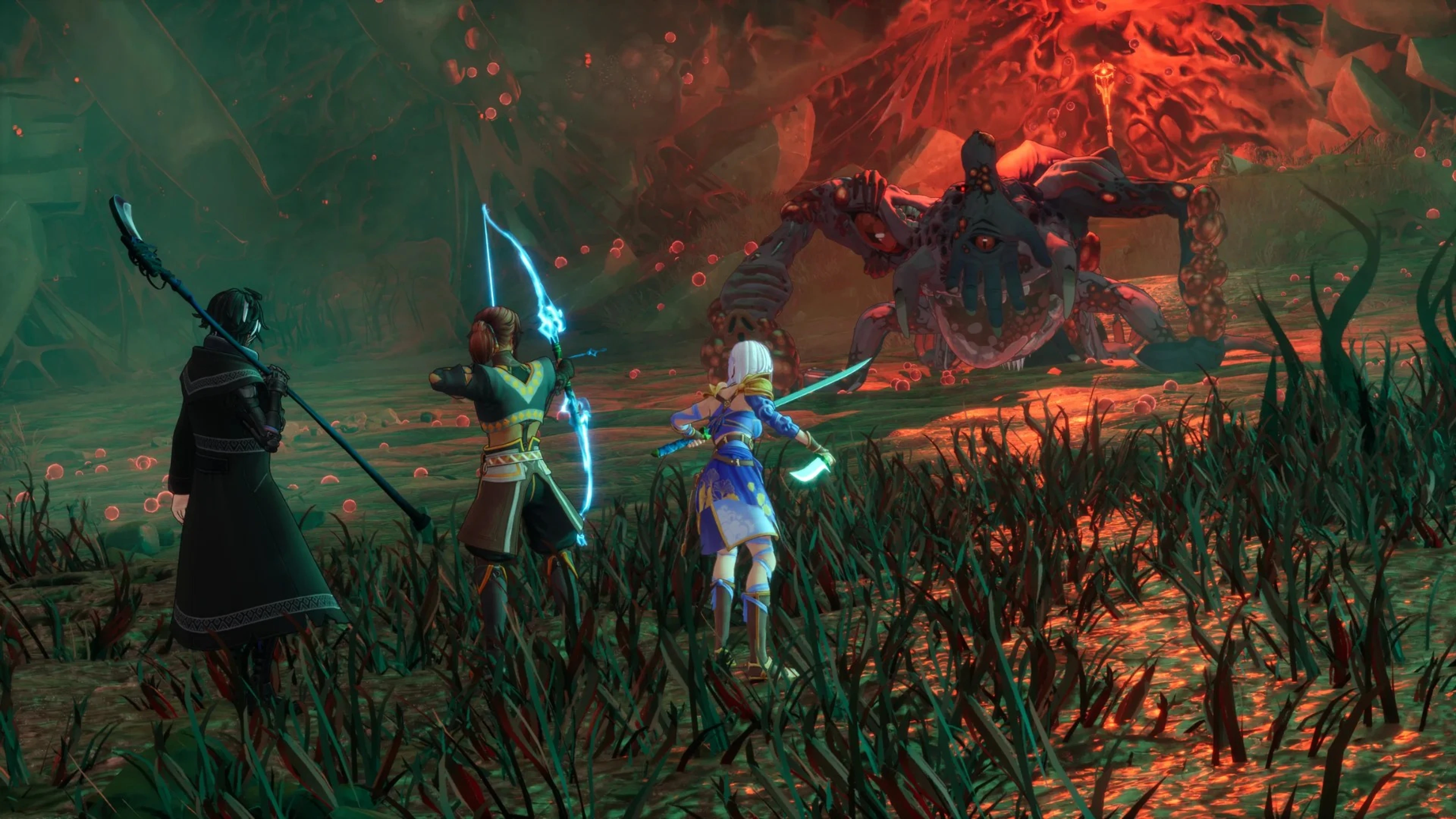 Eline and two companions face a large corrupted creature in Edge of Memories.