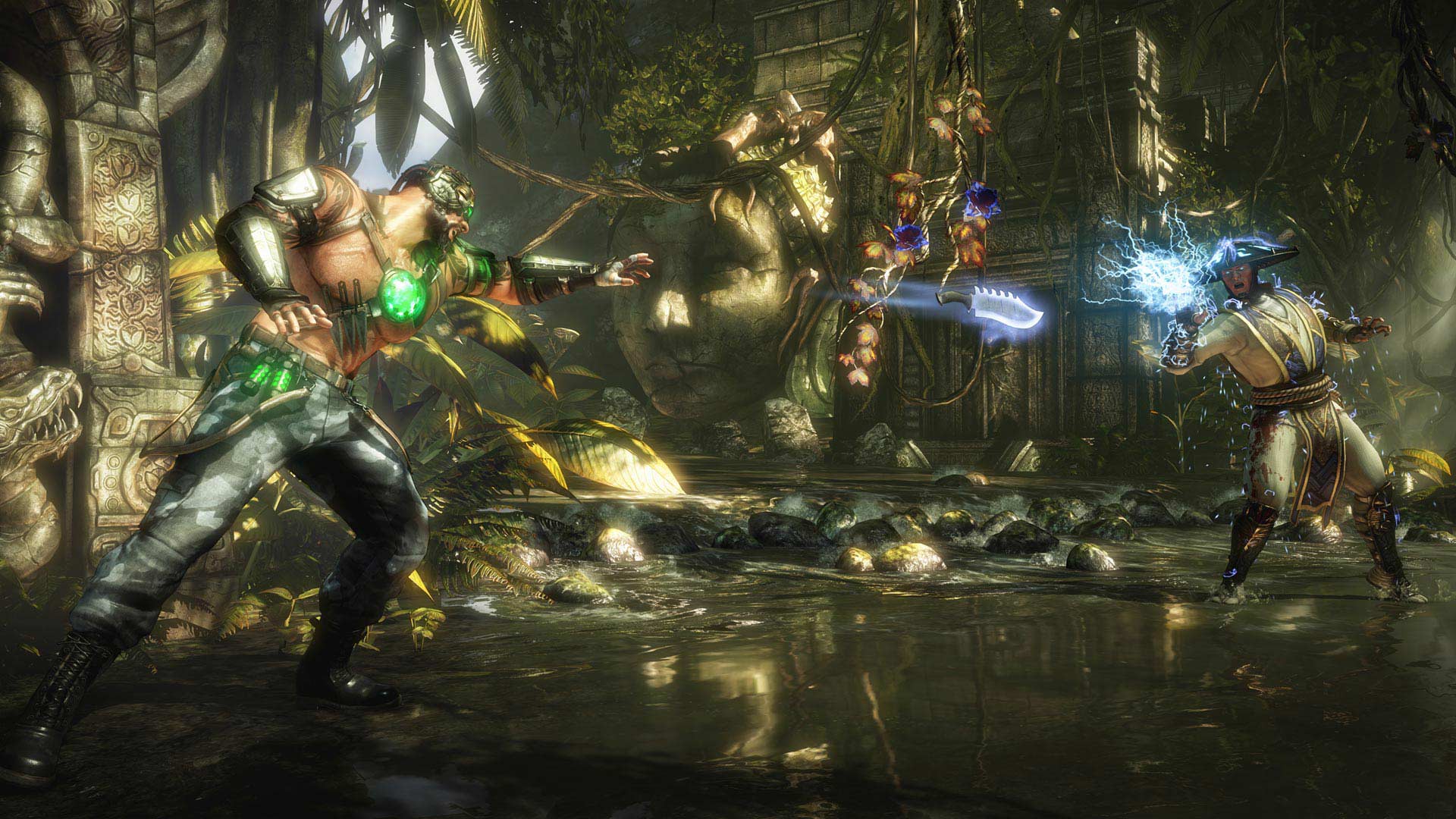 Two fighters exchange glowing attacks in a forest arena.