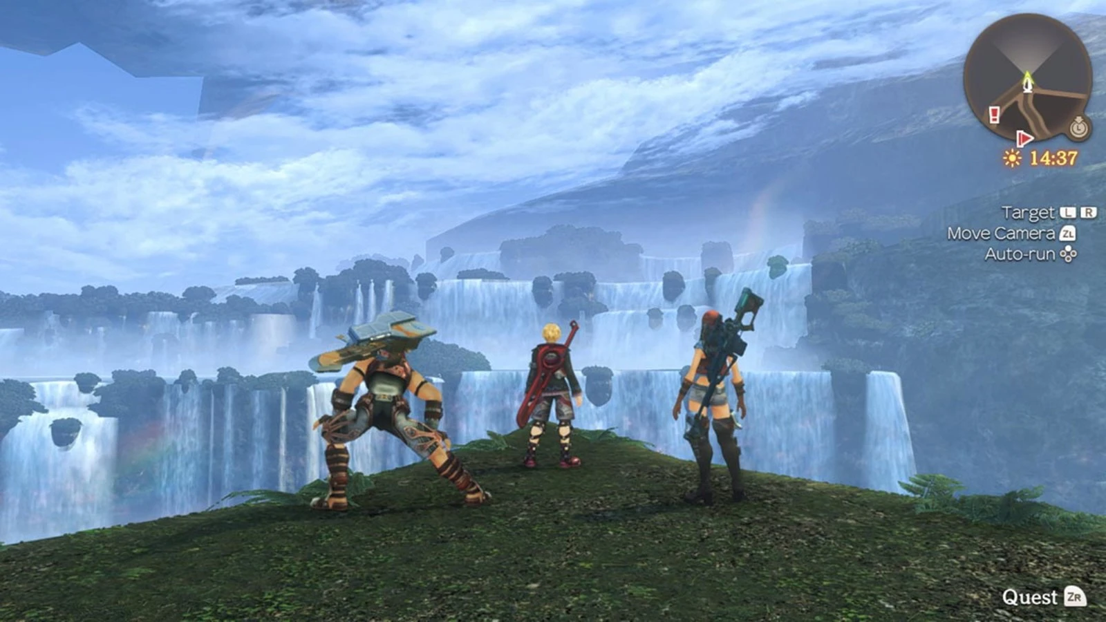 Shulk, Reyn, and Sharla overlook a vast waterfall landscape in Xenoblade Chronicles: Definitive Edition.