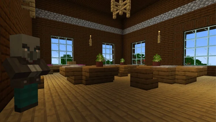 A vindicator standing inside a large furnished room in a Minecraft Woodland Mansion.