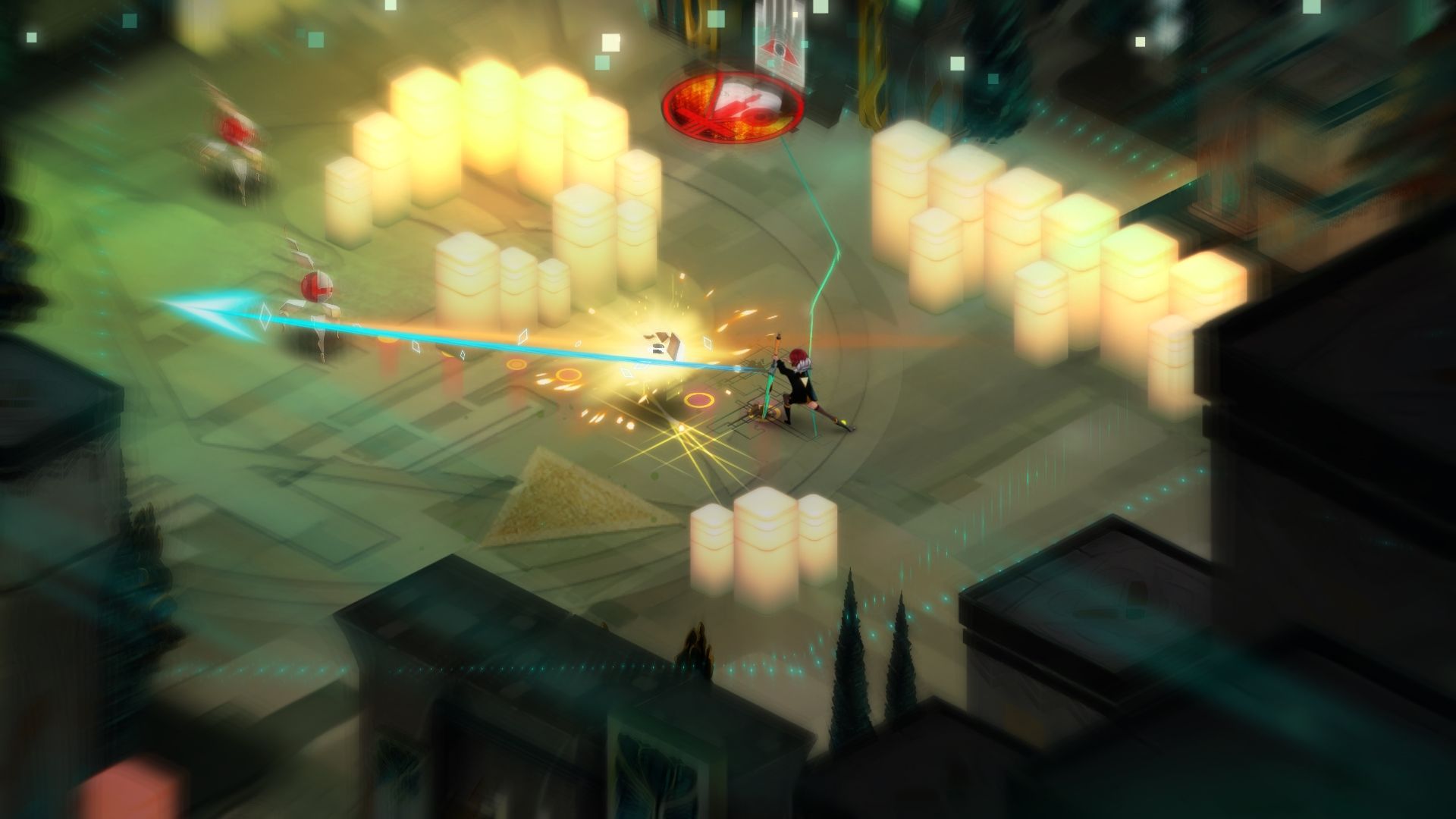 A bright attack crosses an arena with Red and Process enemies visible.