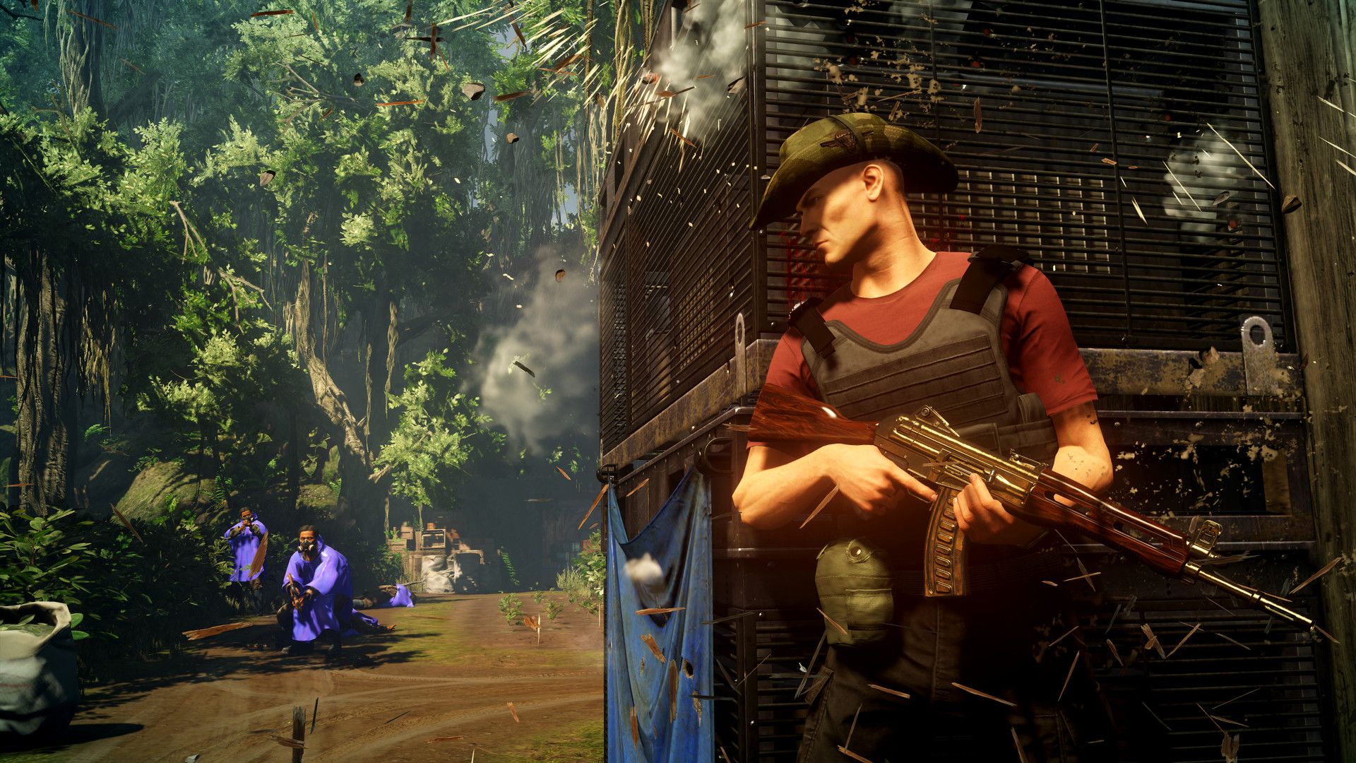 An armed guard stands near a jungle path and a dark building entrance.