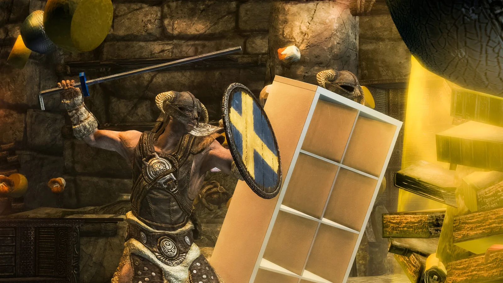 KALLAX stands beside the Dragonborn during a battle as furniture and books fly through the room.