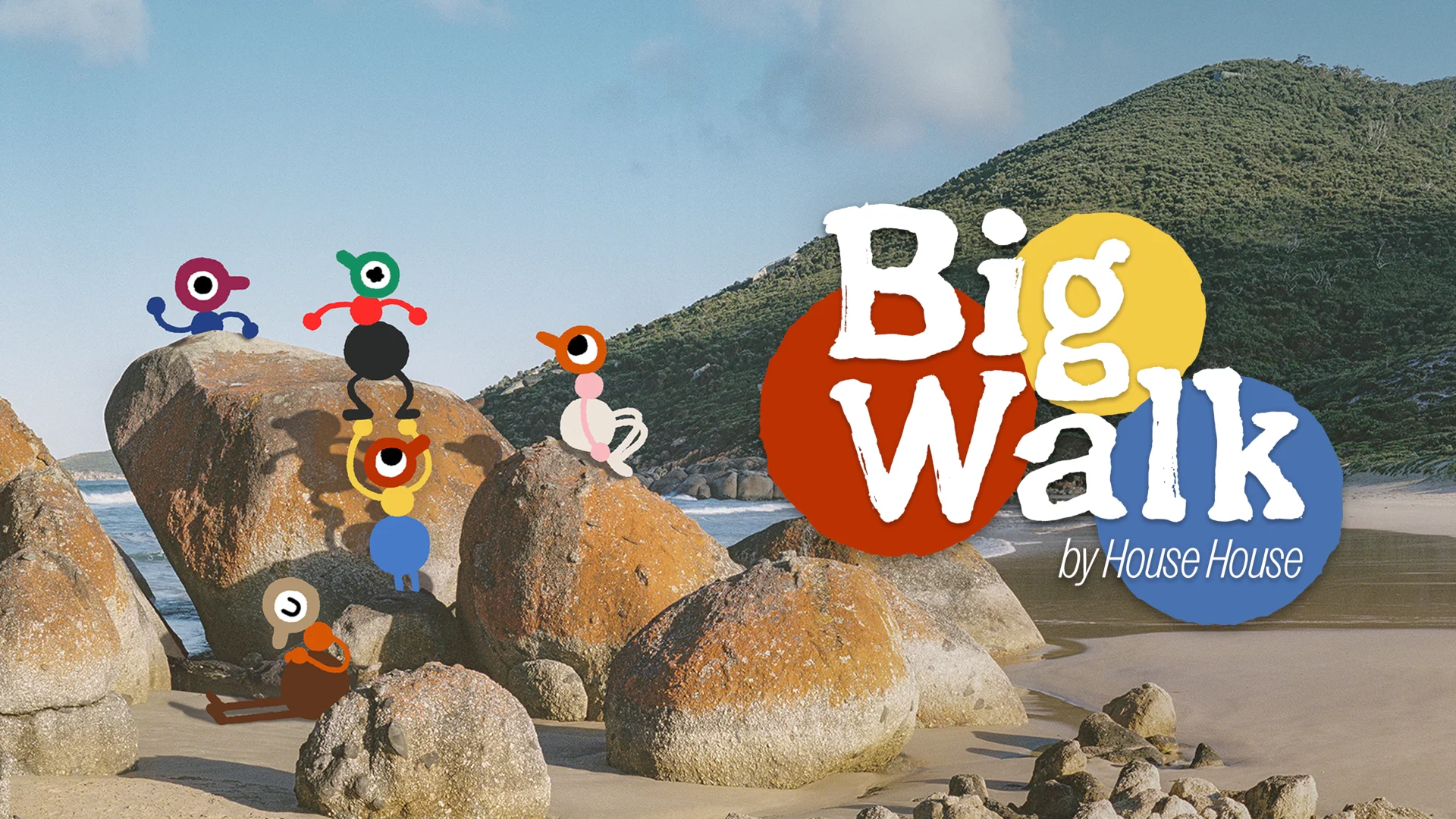 Colorful Big Walk characters explore a bright island together
