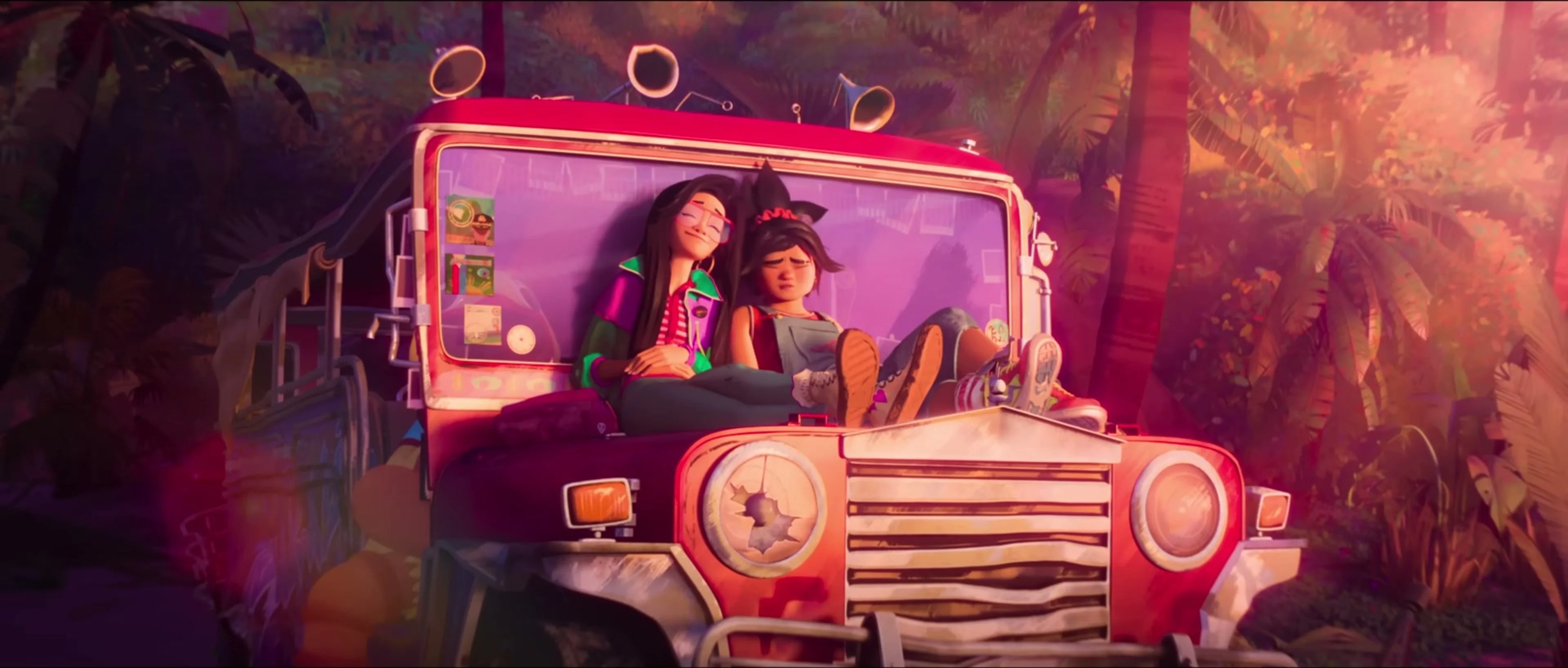 Jo and Raissa arrive in a lush landscape aboard a colorful vehicle.