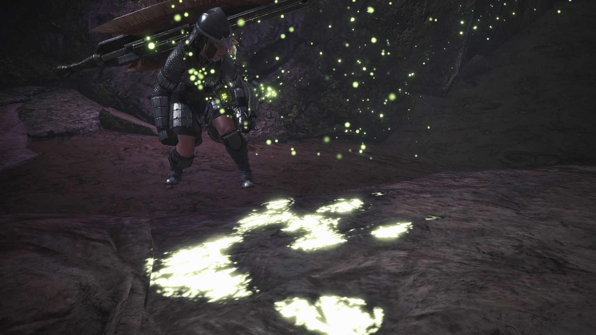 Green scoutflies shine around a hunter on a dark forest path.