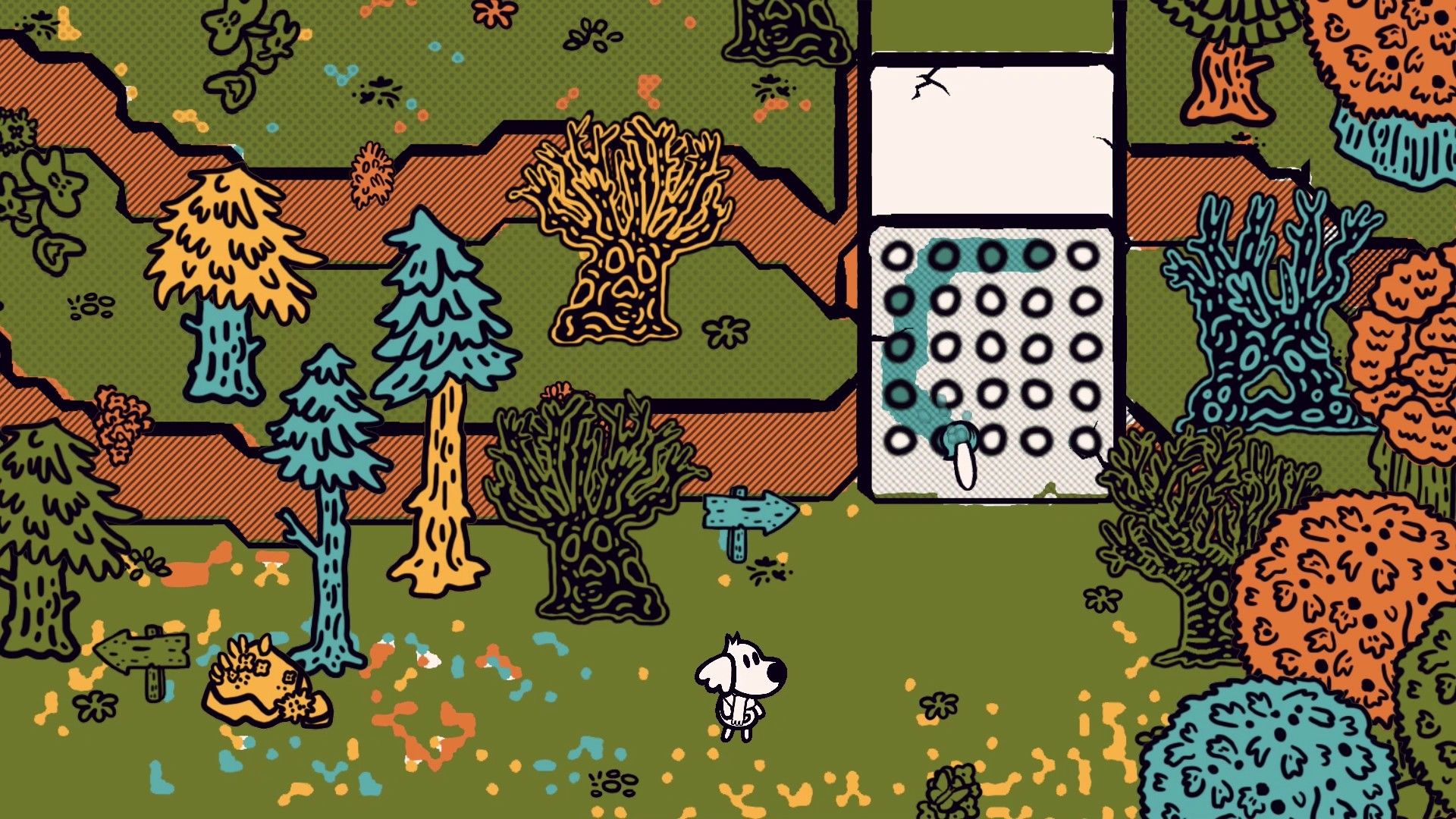 A color-selection wheel appears above a painted forest path.