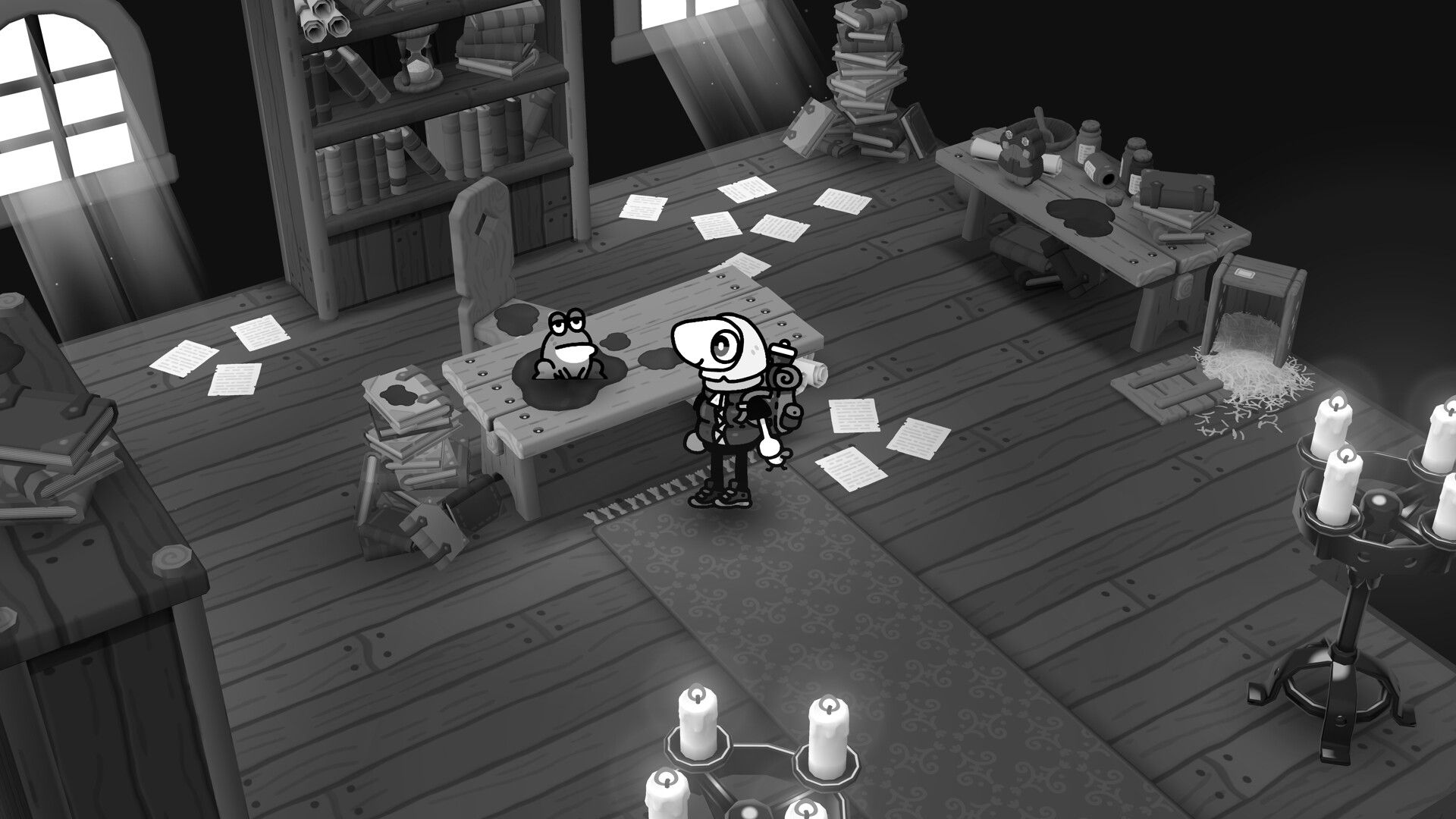 The player meets a frog in a book-filled room.