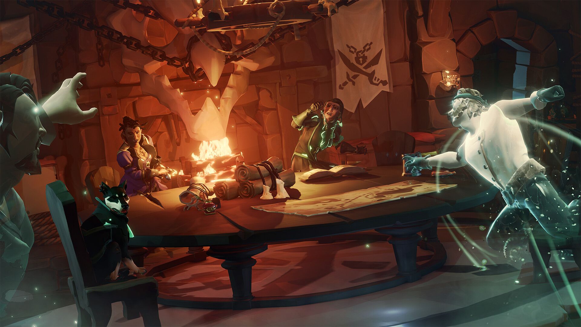 Pirates and ghostly figures gather around a table in a dim room.