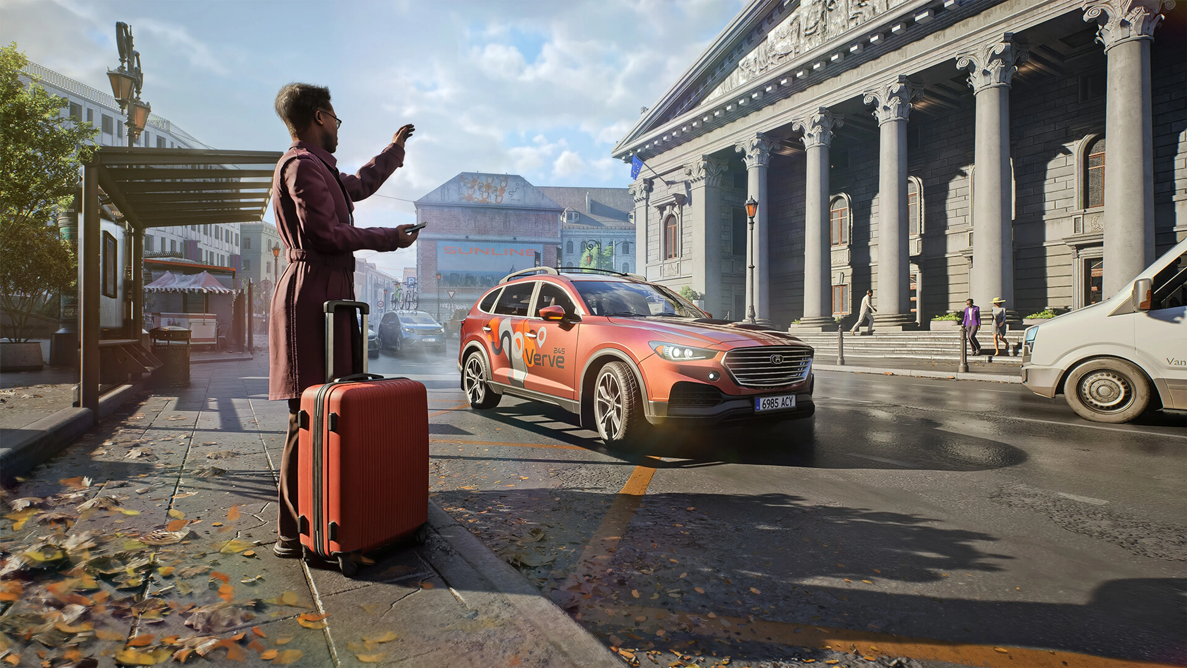 A passenger with luggage hails a rideshare vehicle in the game.
