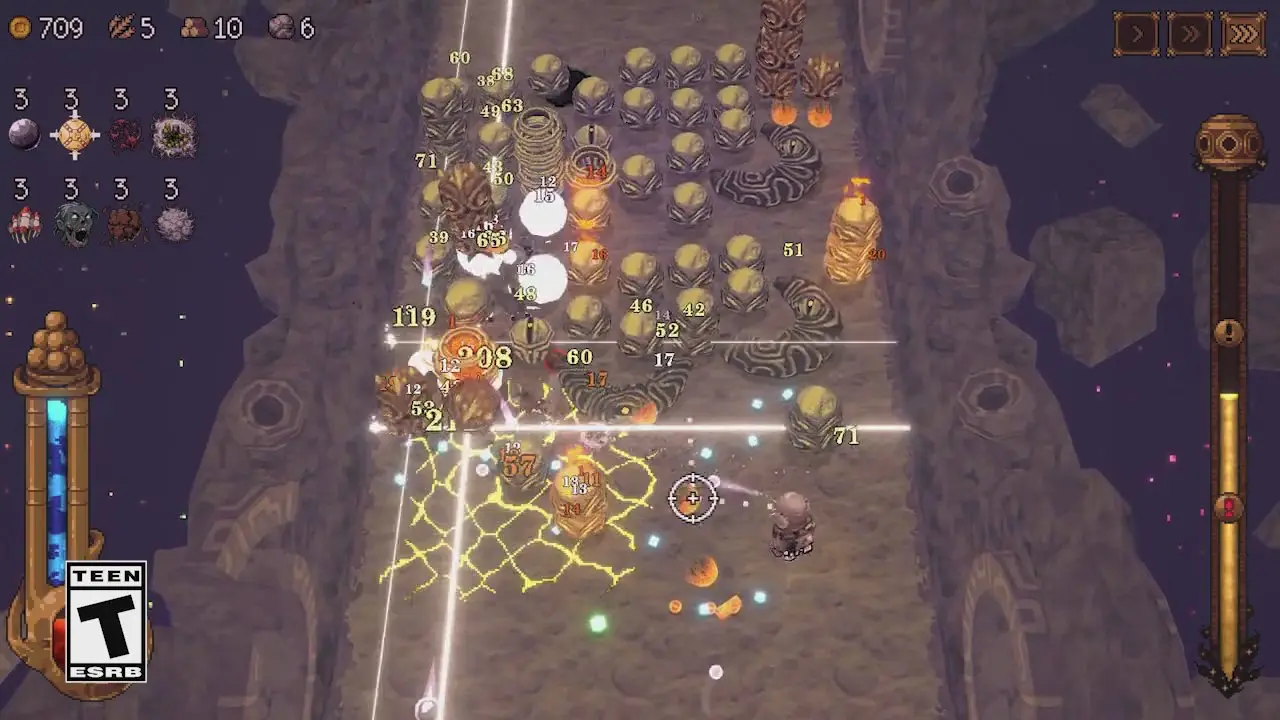 Several projectile effects filling a rocky BALL x PIT arena