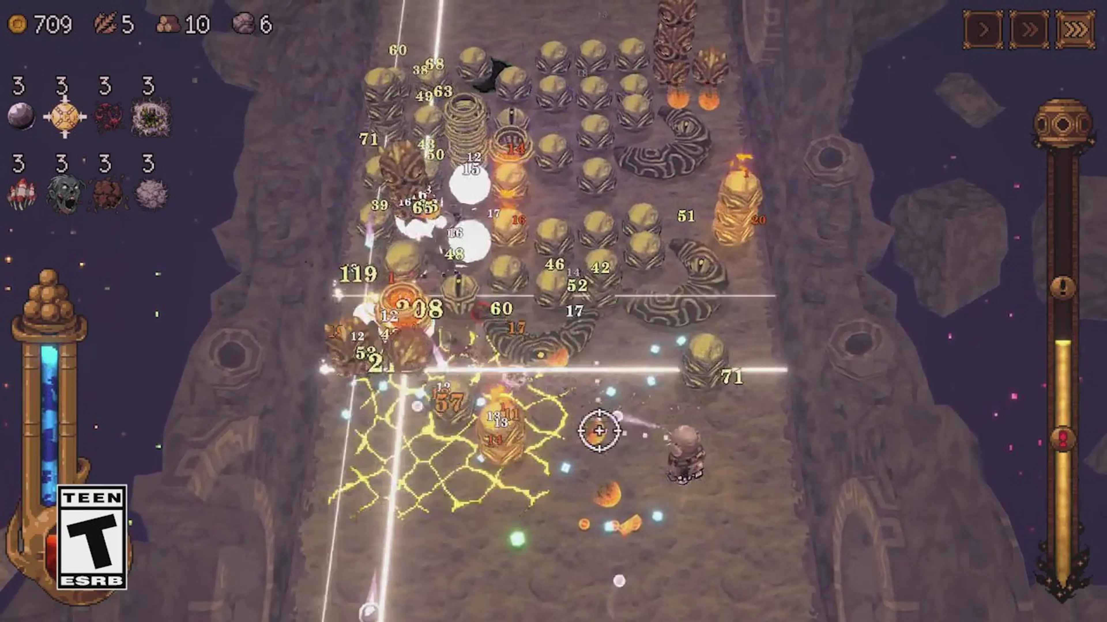 Several projectile effects filling a rocky BALL x PIT arena