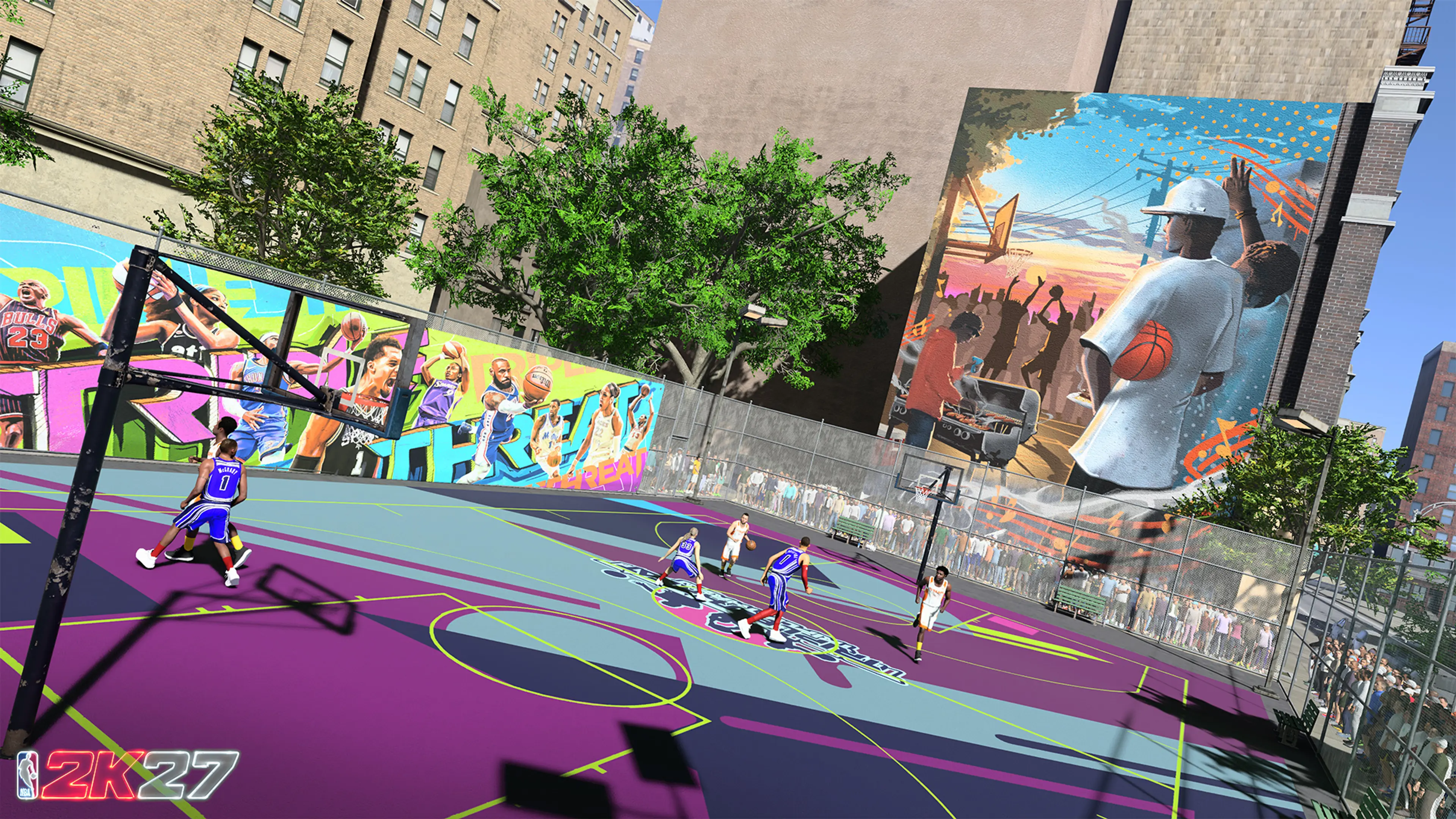 Players compete on a colorful outdoor Rucker Park court in NBA 2K27.