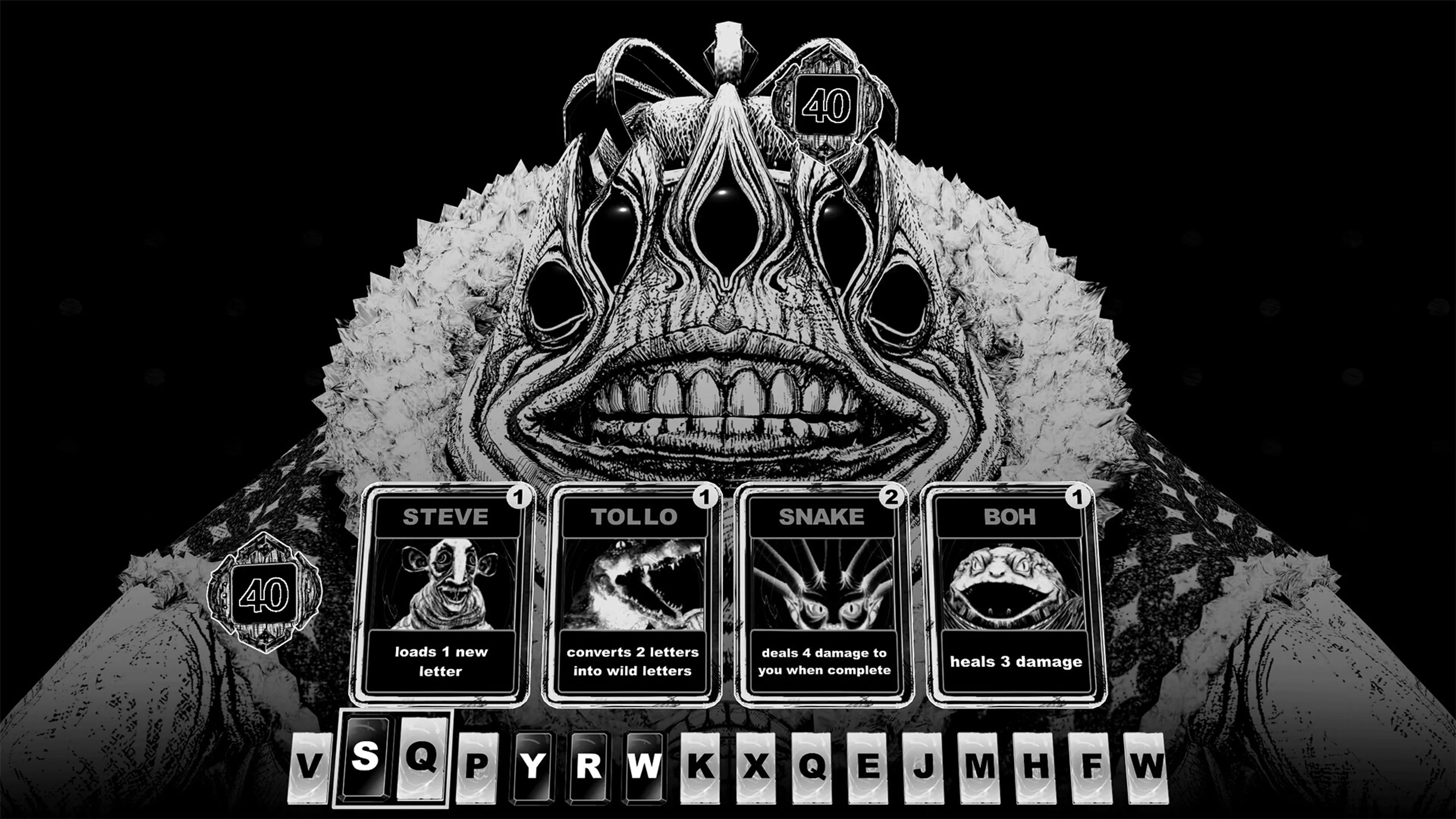 A giant monochrome creature looms above a word-based combat interface in Cryptmaster.