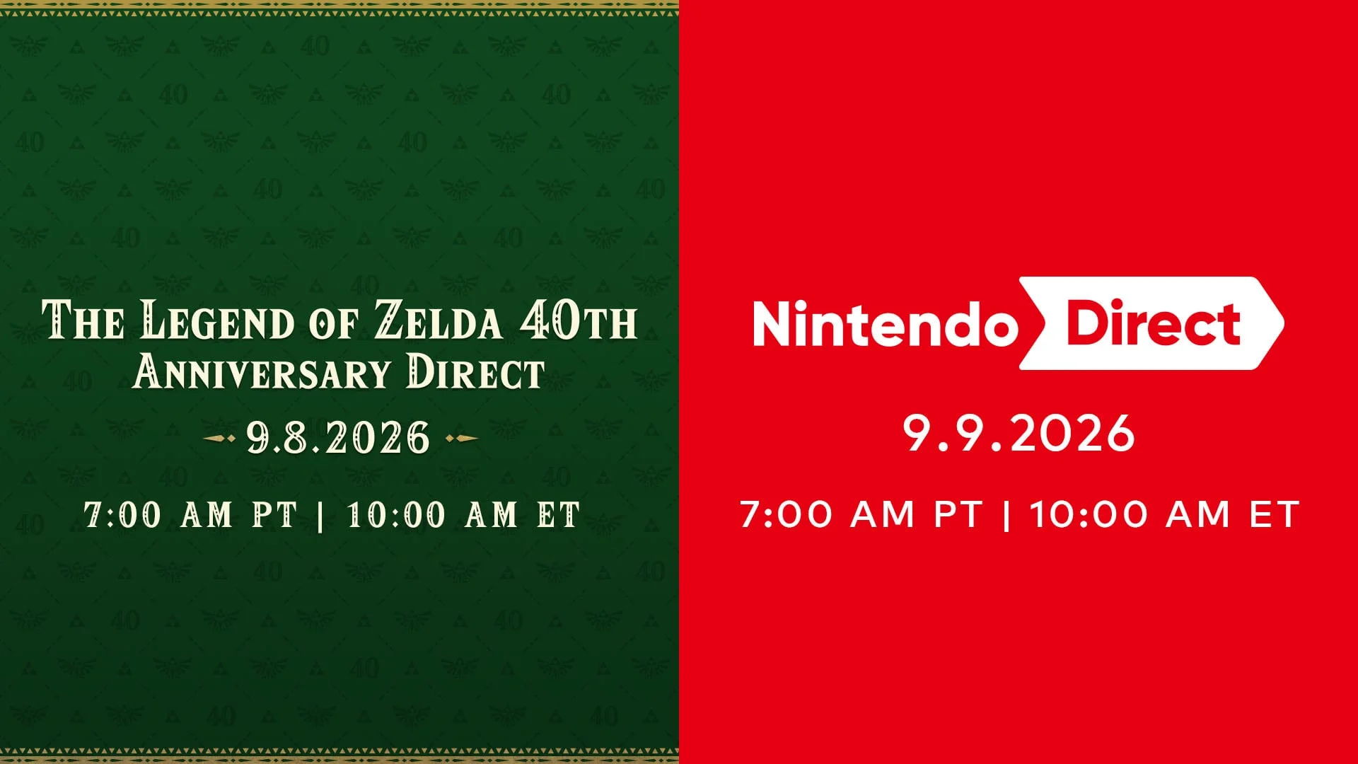 Nintendo schedule graphic for the Zelda Direct on September 8 and Nintendo Direct on September 9.